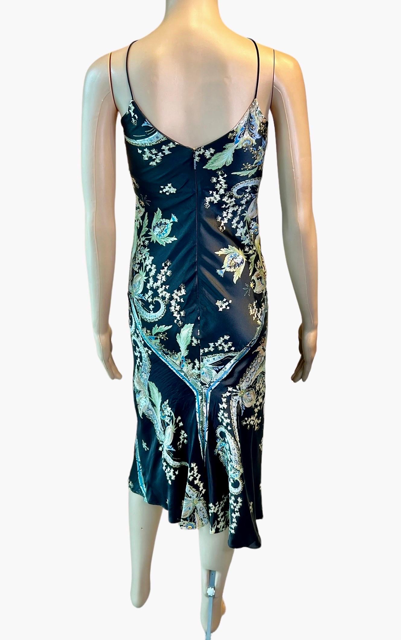 Blue Roberto Cavalli S/S 2003 Lace Up Chinoiserie Print Silk Slip Midi Dress For Sale