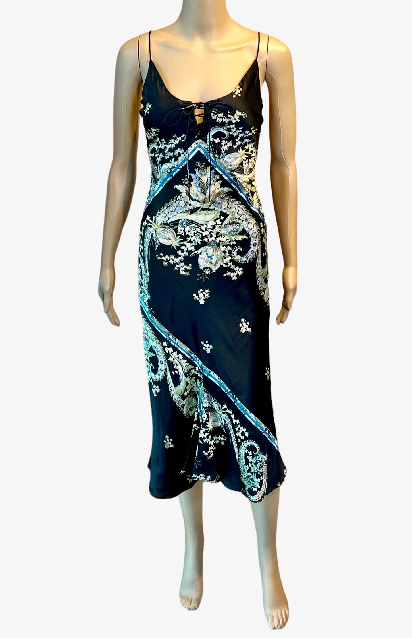 Roberto Cavalli S/S 2003 Lace Up Chinoiserie Print Silk Slip Midi Dress In Good Condition For Sale In Naples, FL