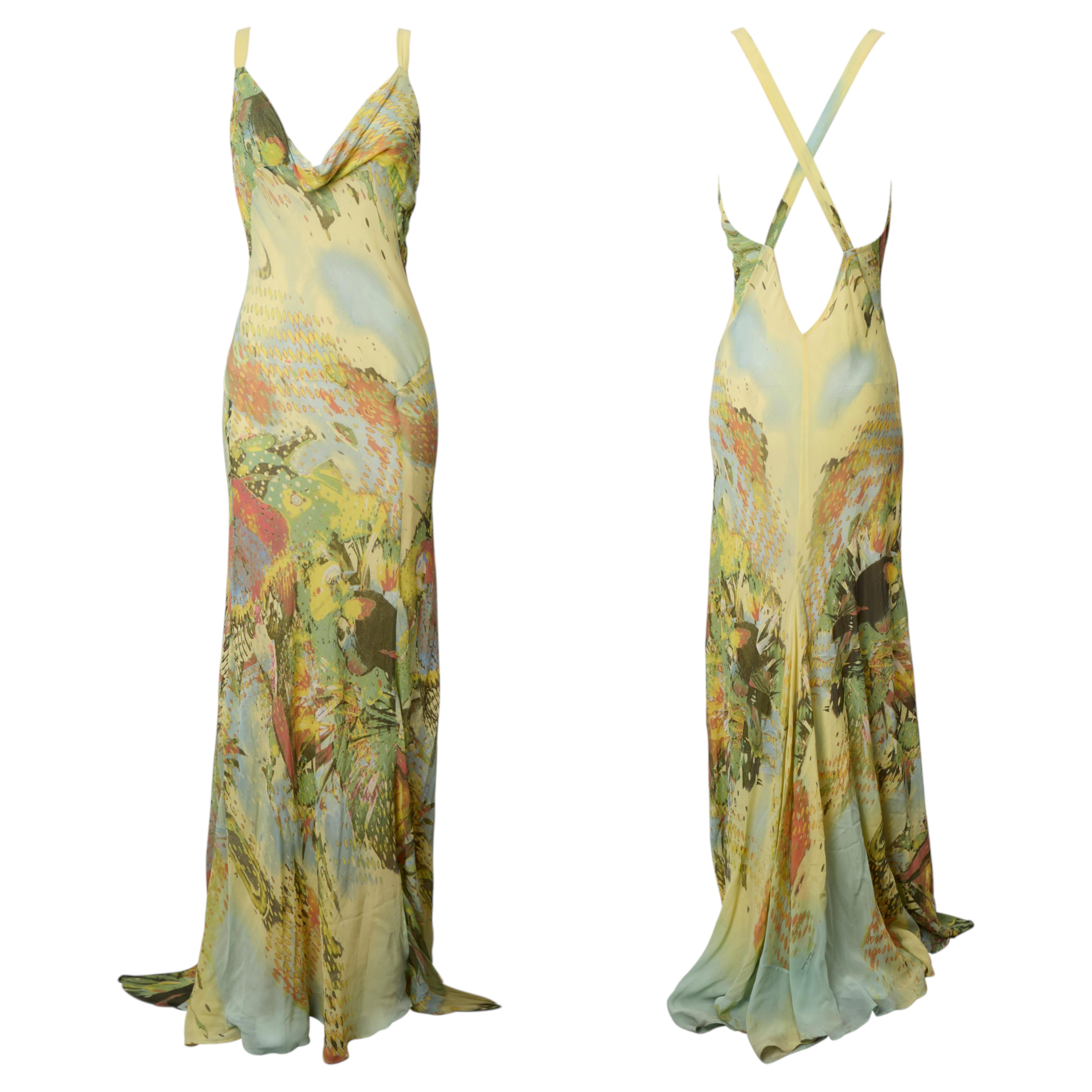 ROBERTO CAVALLI S/s 2003 Parrot And Tropical Print Crossback Dress Gown Size S For Sale