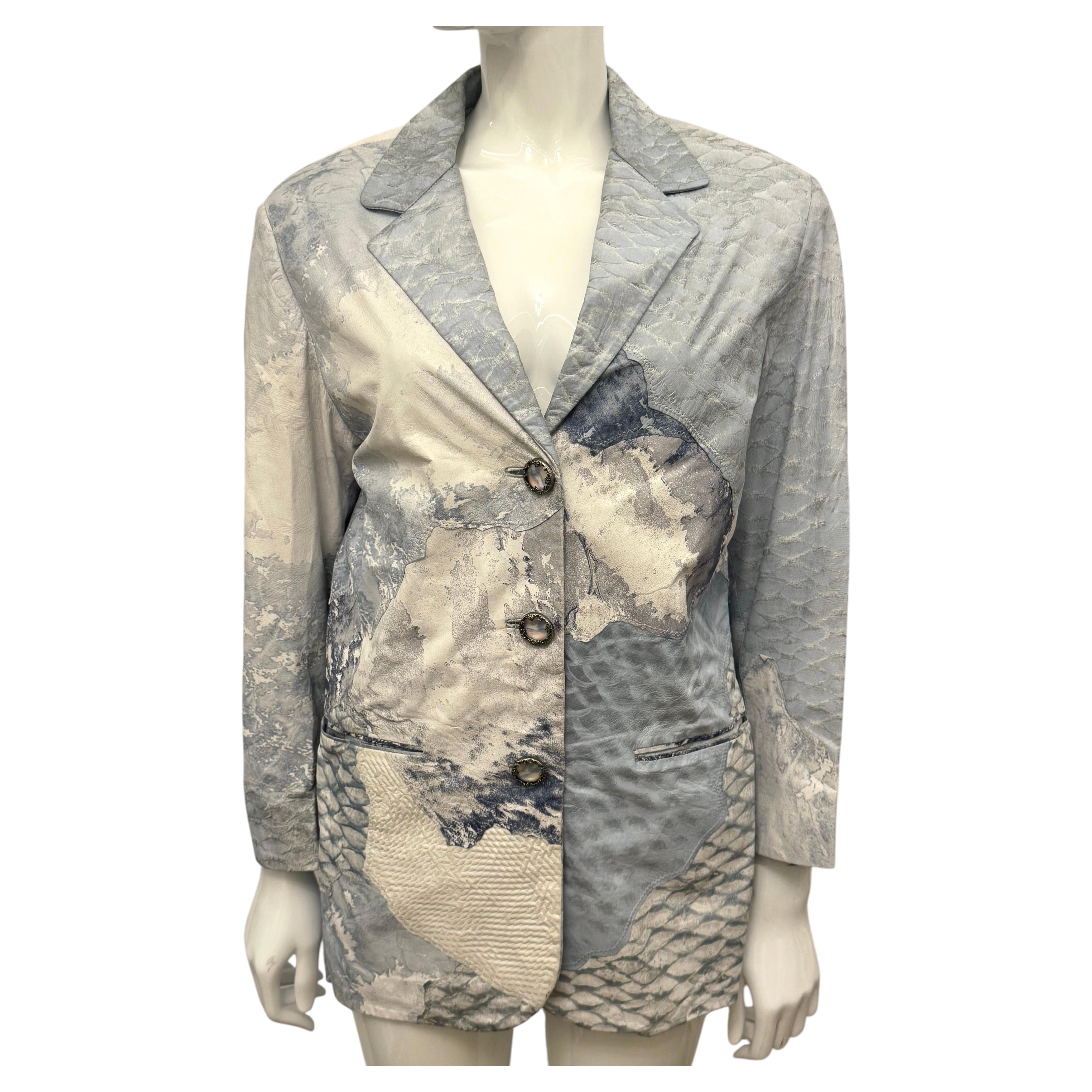 Roberto Cavalli S/S 2003 Patchwork Python Embossed Leather Jacket ice blue grey For Sale