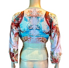 Roberto Cavalli S/S 2003 Pheasant Chinoiserie Print Plunging Knit Blouse Top