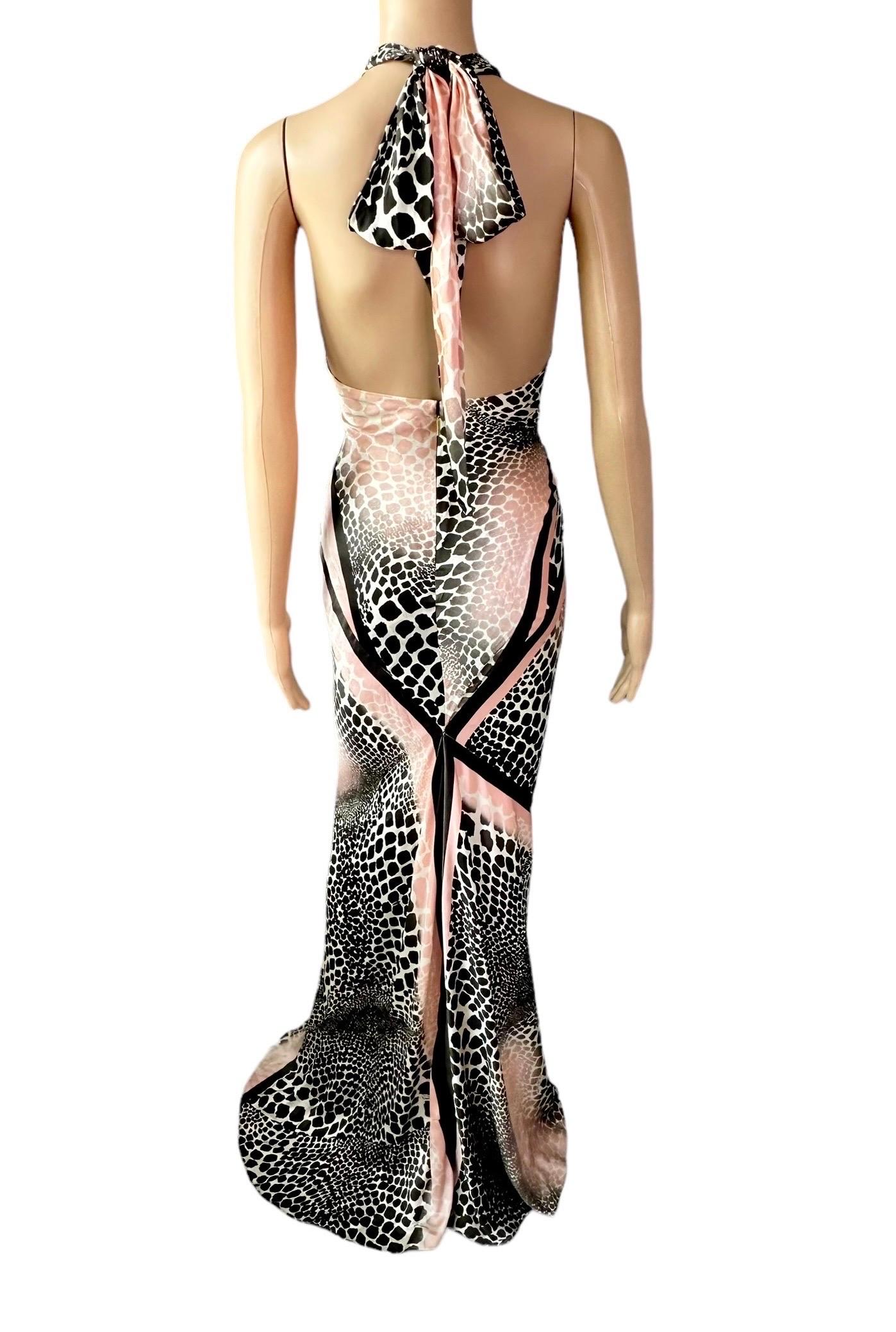 Gray Roberto Cavalli S/S 2003 Plunging Bias Cut Slip Silk Train Evening Dress Gown For Sale