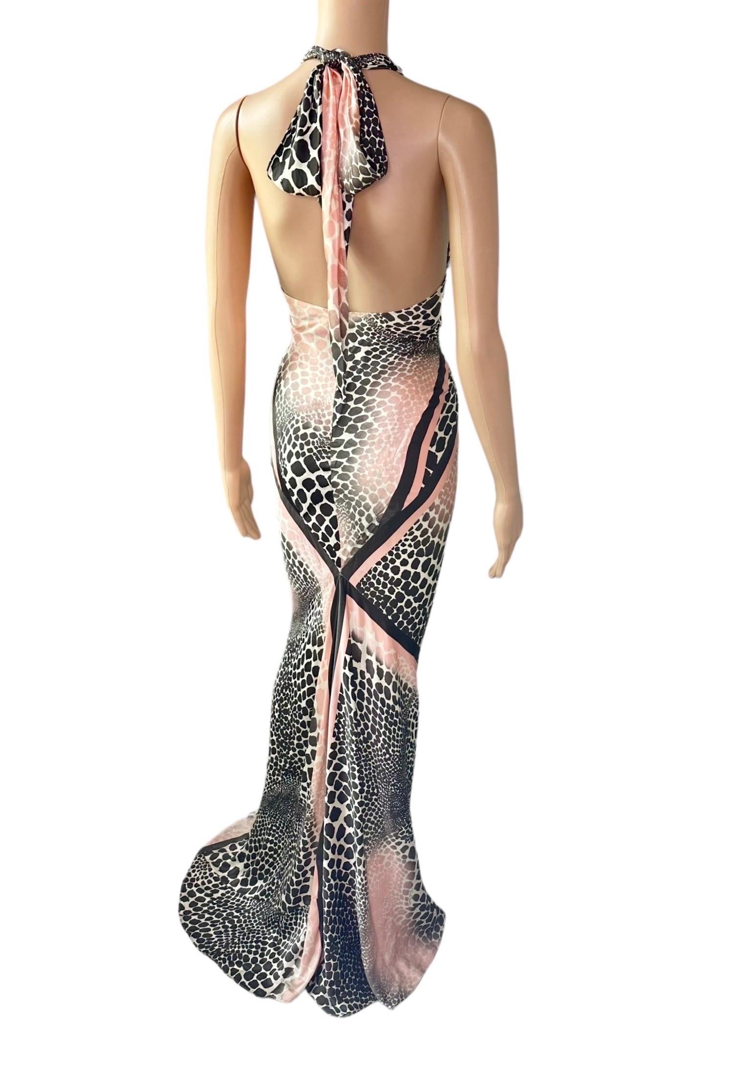 Women's Roberto Cavalli S/S 2003 Plunging Bias Cut Slip Silk Train Evening Dress Gown For Sale