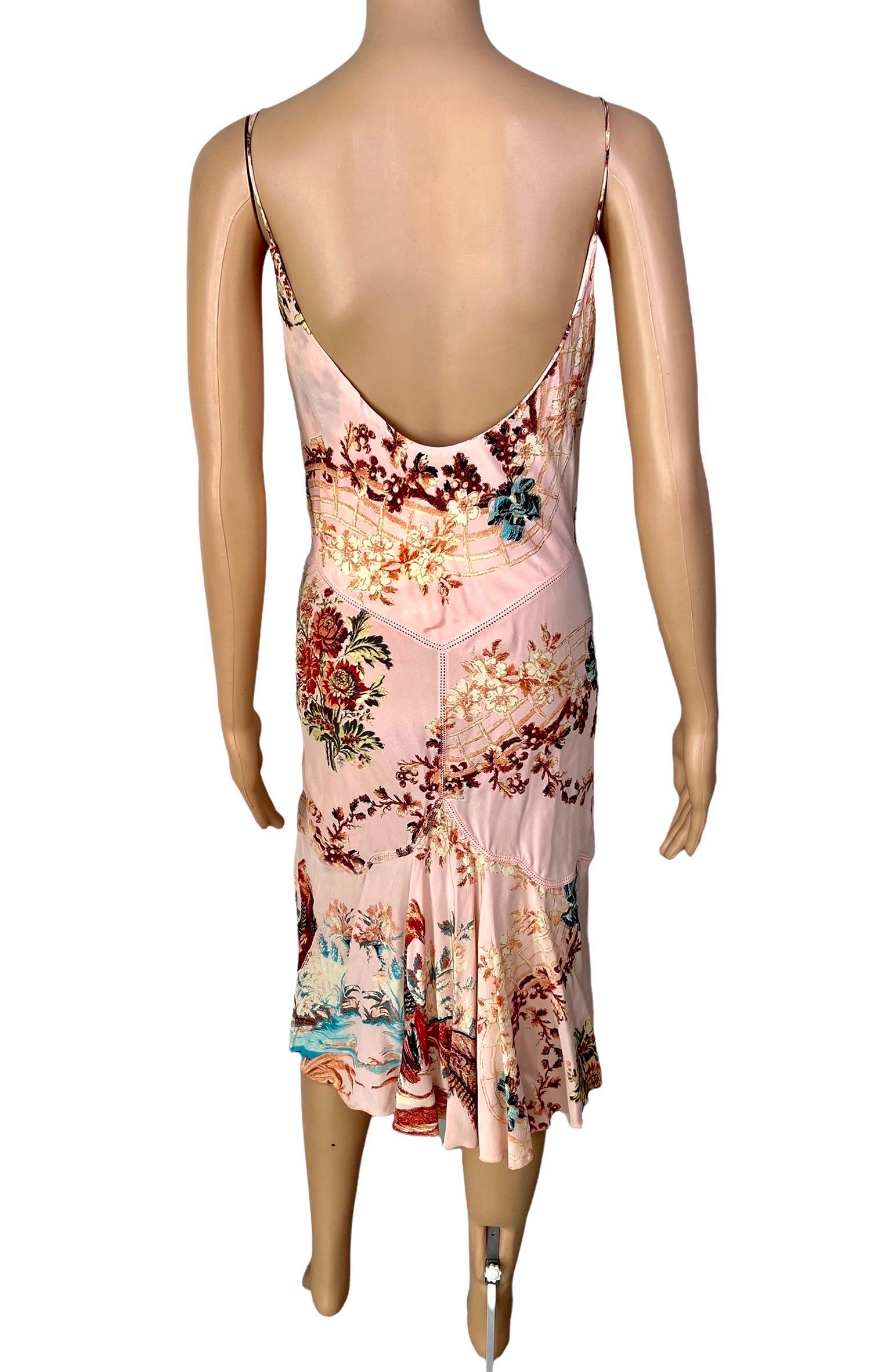 Roberto Cavalli S/S 2003 Plunging Neckline Backless Printed Silk Slip Midi Dress In Good Condition For Sale In Naples, FL