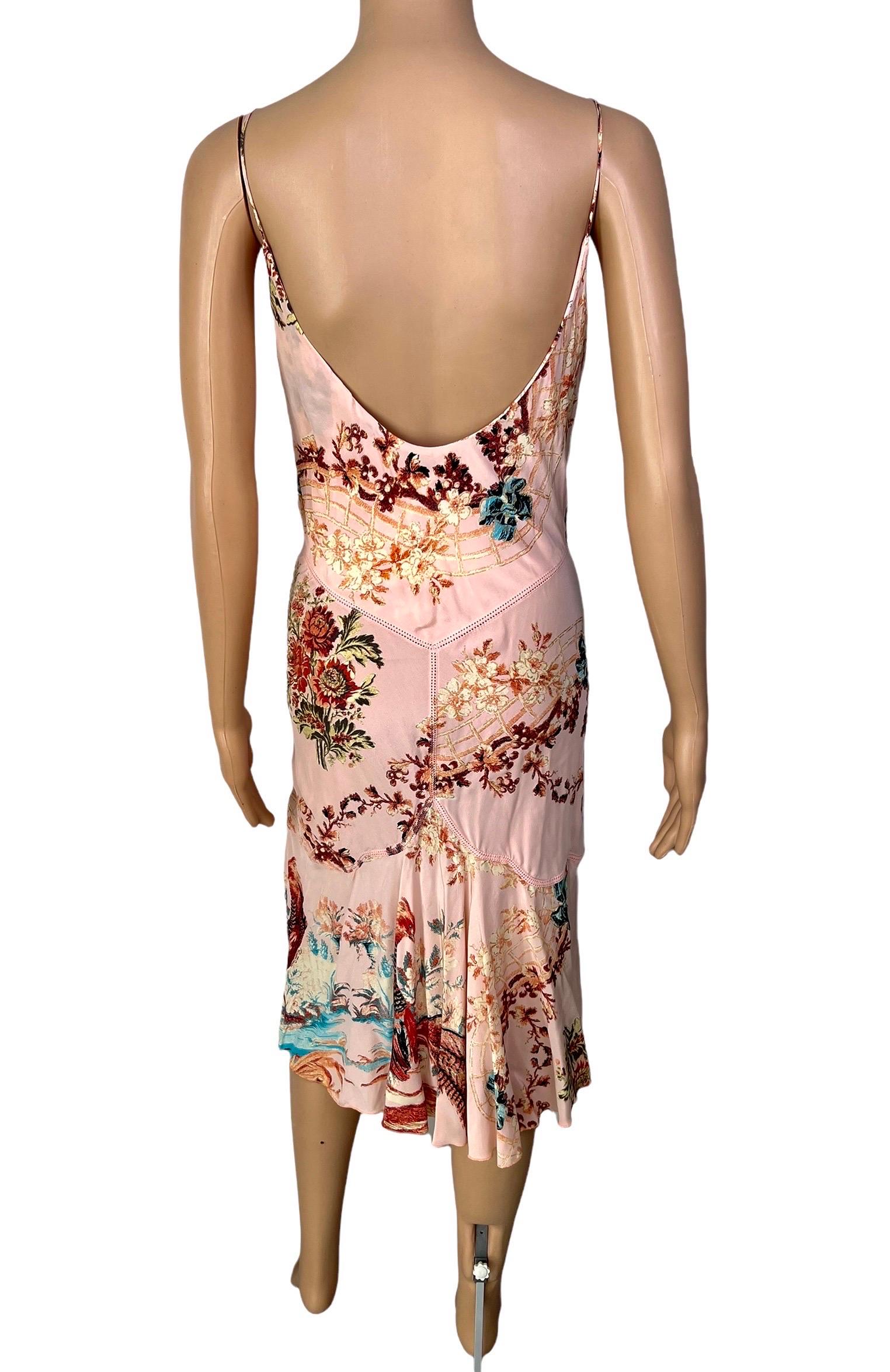 Roberto Cavalli S/S 2003 Plunging Neckline Backless Printed Silk Slip Midi Dress For Sale 2