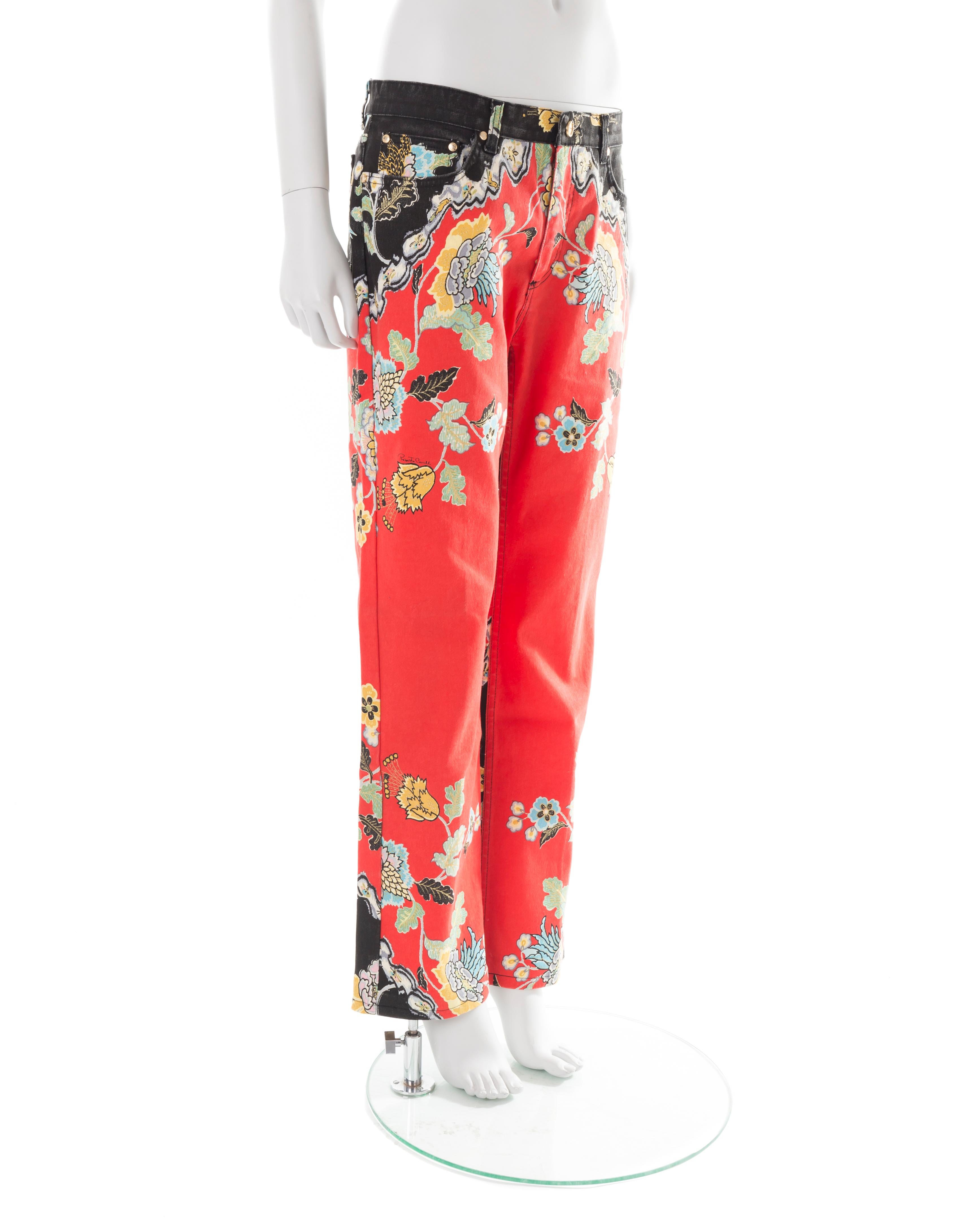 - Cotton denim pants
- Red/black asian floral print with golden hues 
- Straight fit