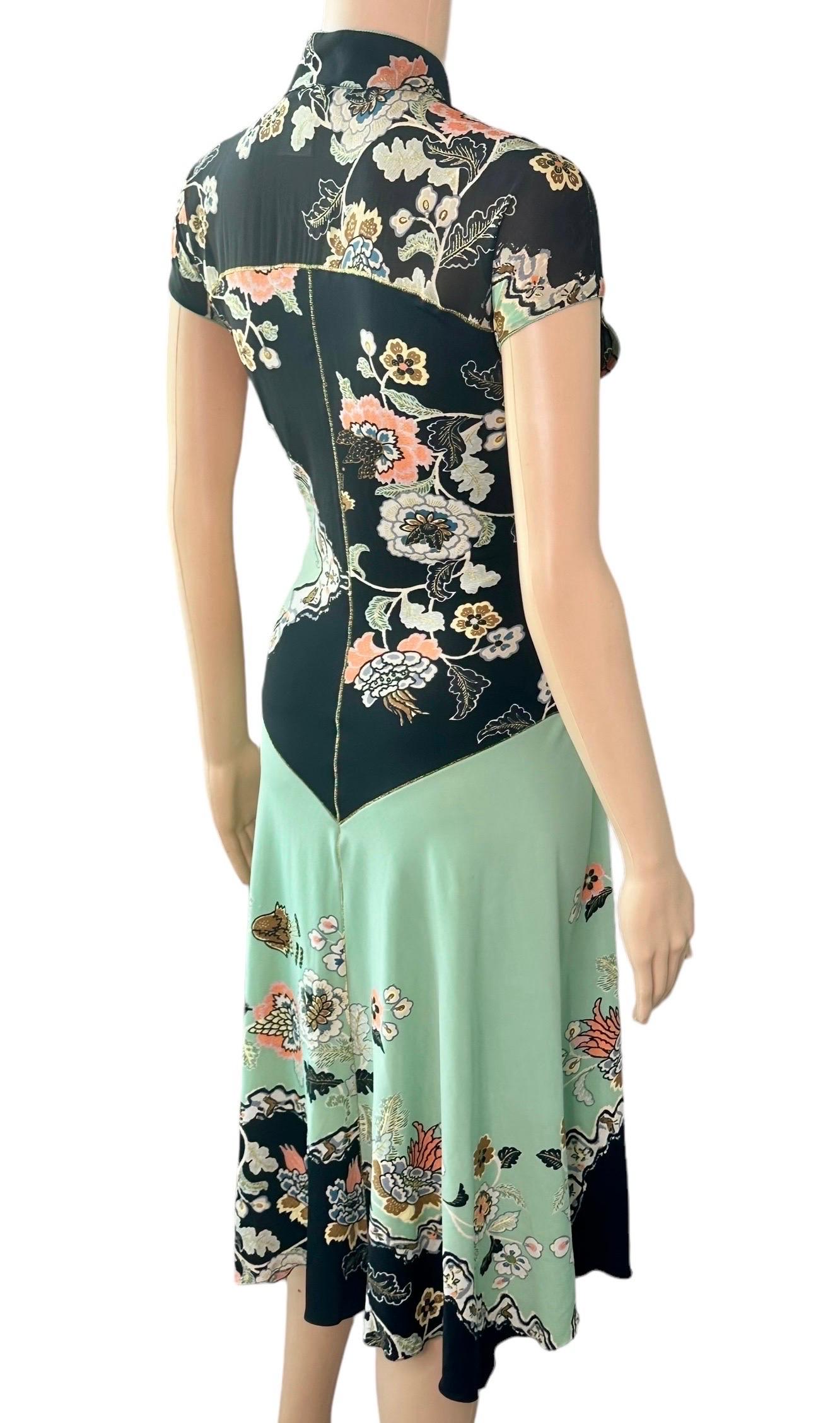 Roberto Cavalli S/S 2003 Runway Chinoiserie Cheongsam Silk Mint Green Midi Dress 6