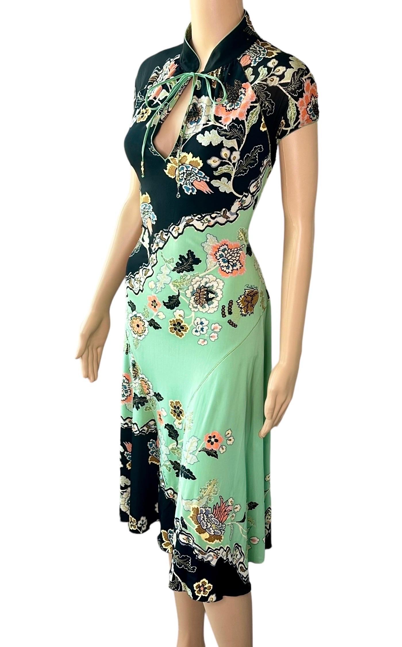 Roberto Cavalli S/S 2003 Runway Chinoiserie Cheongsam Print Silk Mint Green Midi Dress Size L

