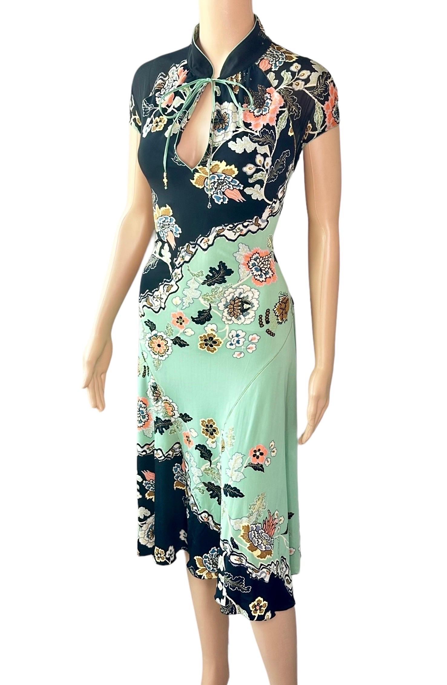 Roberto Cavalli S/S 2003 Runway Chinoiserie Cheongsam Silk Mint Green Midi Dress In Good Condition In Naples, FL