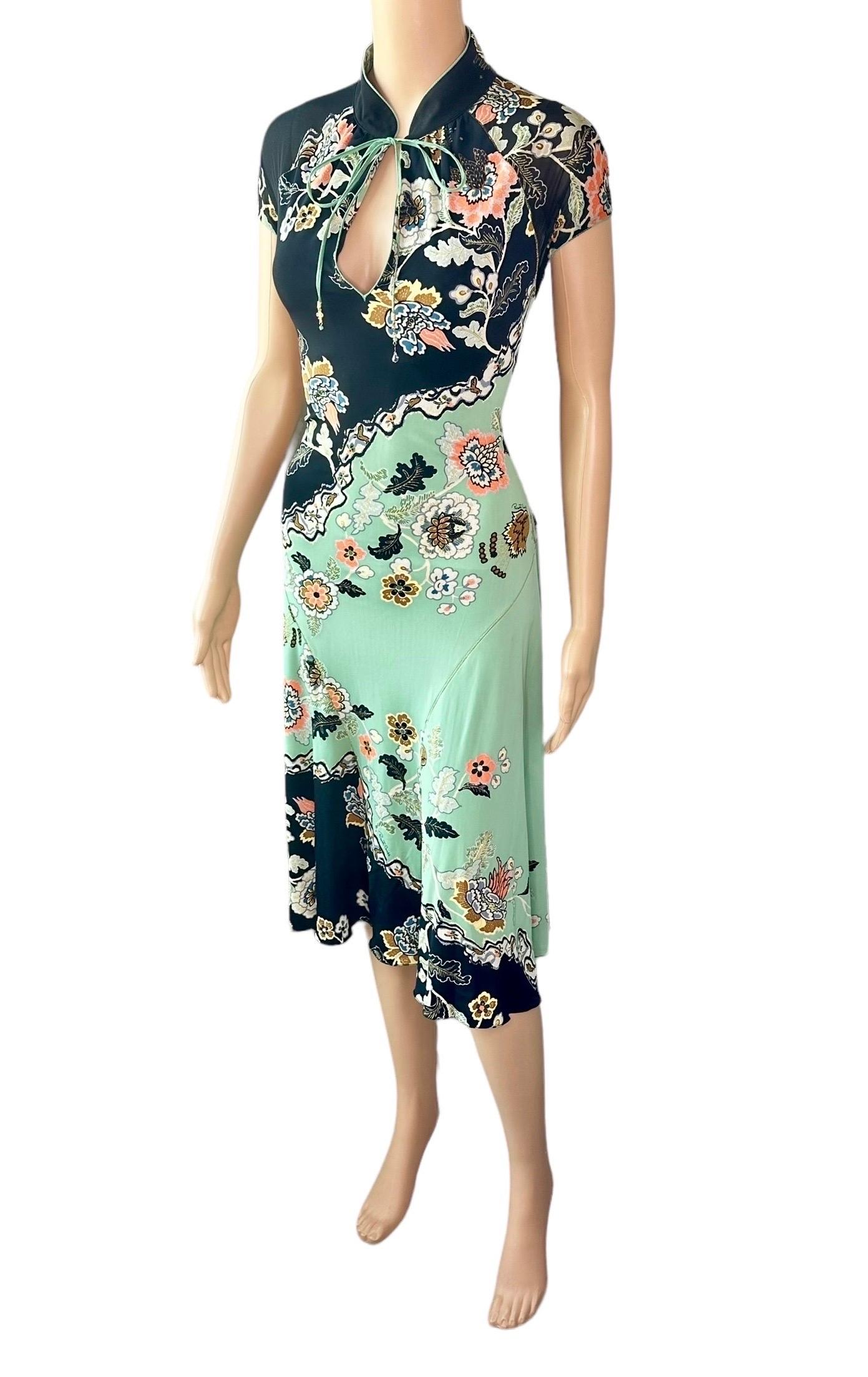 Women's Roberto Cavalli S/S 2003 Runway Chinoiserie Cheongsam Silk Mint Green Midi Dress
