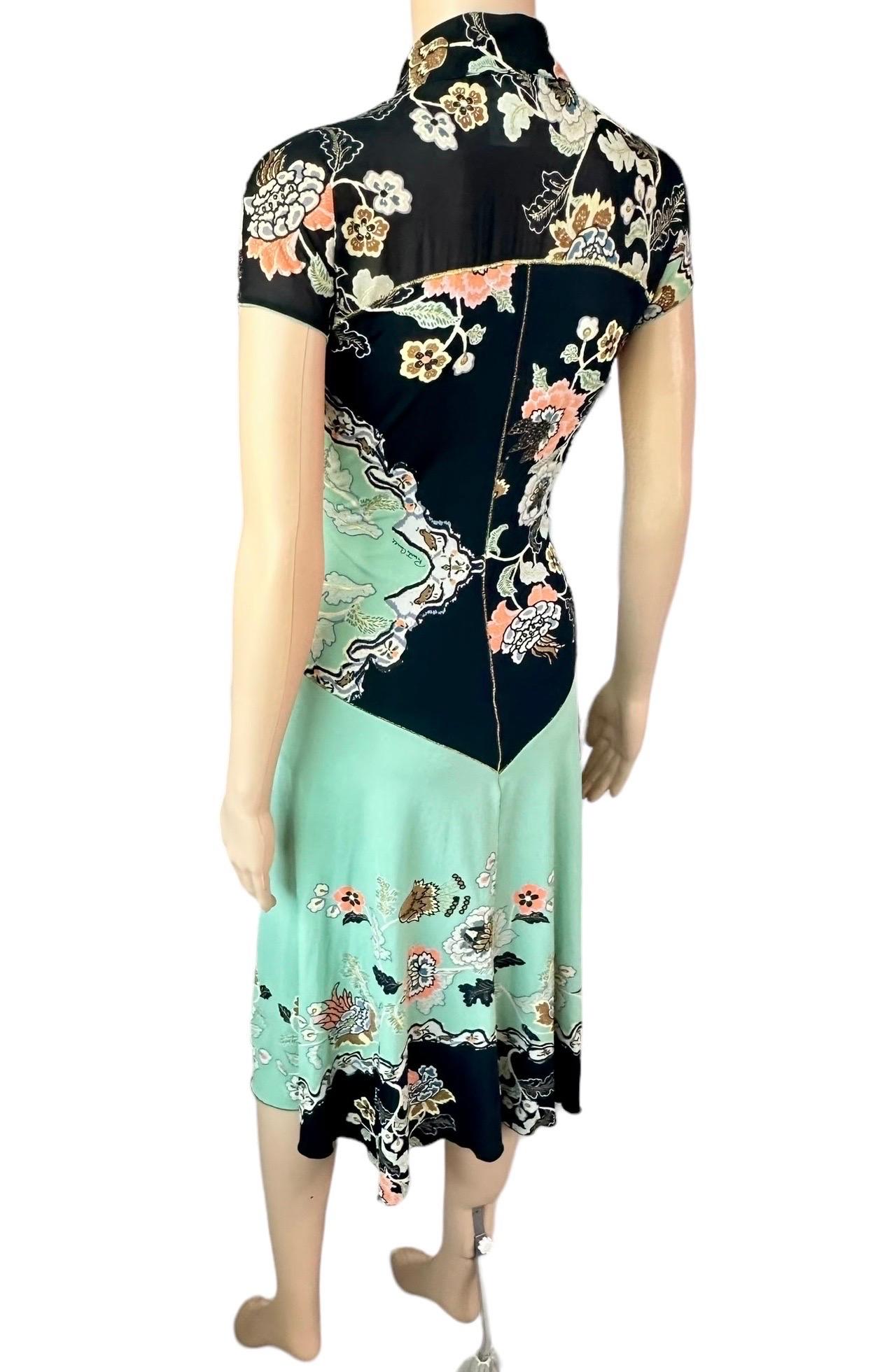 Roberto Cavalli S/S 2003 Runway Chinoiserie Cheongsam Silk Mint Green Midi Dress 1
