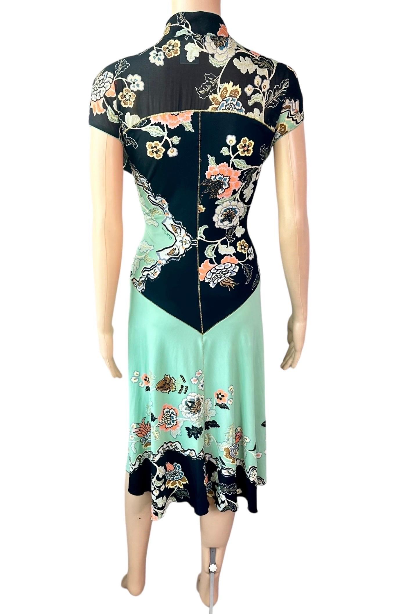 Roberto Cavalli S/S 2003 Runway Chinoiserie Cheongsam Silk Mint Green Midi Dress 2