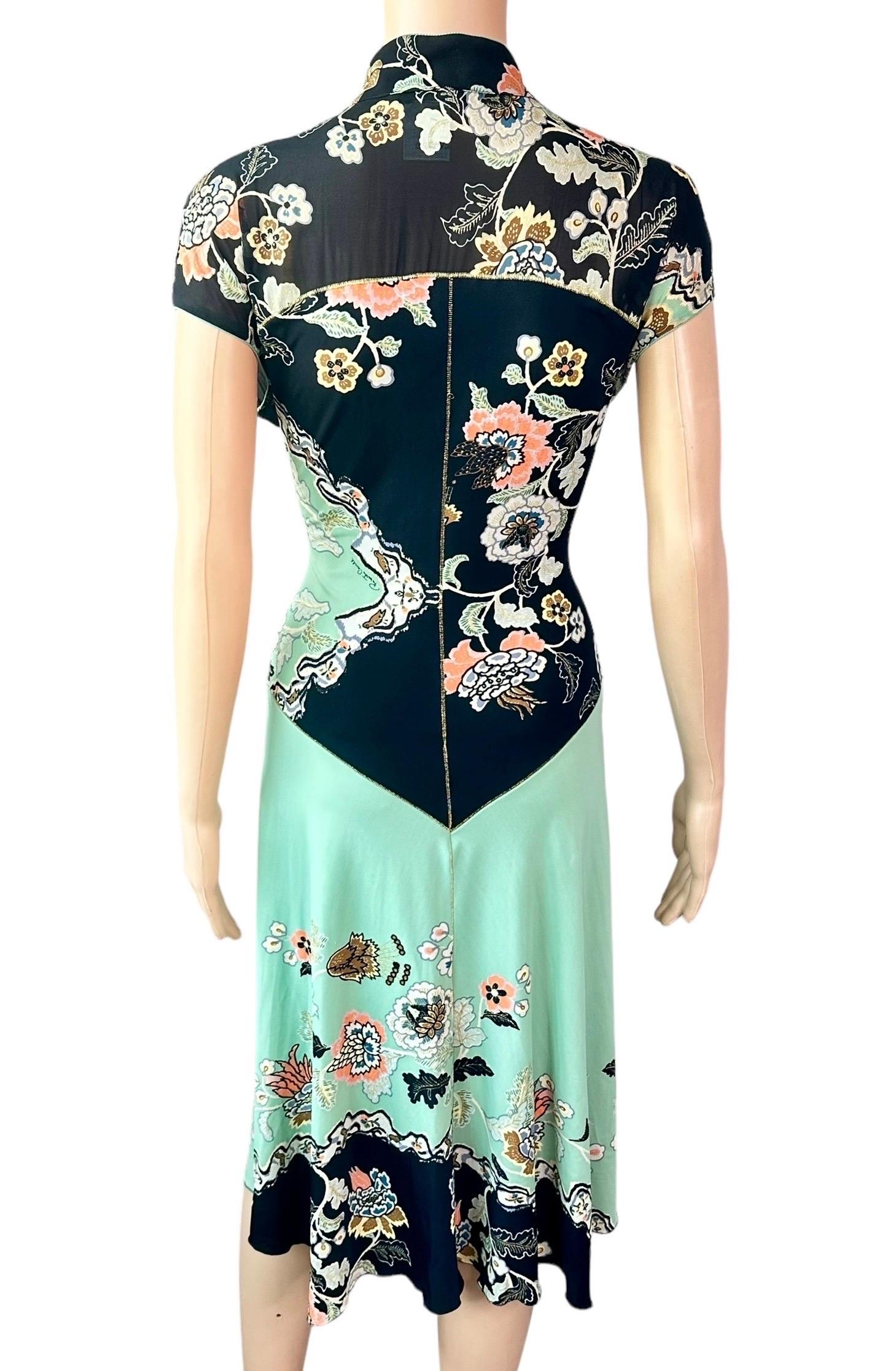 Roberto Cavalli S/S 2003 Runway Chinoiserie Cheongsam Silk Mint Green Midi Dress 3