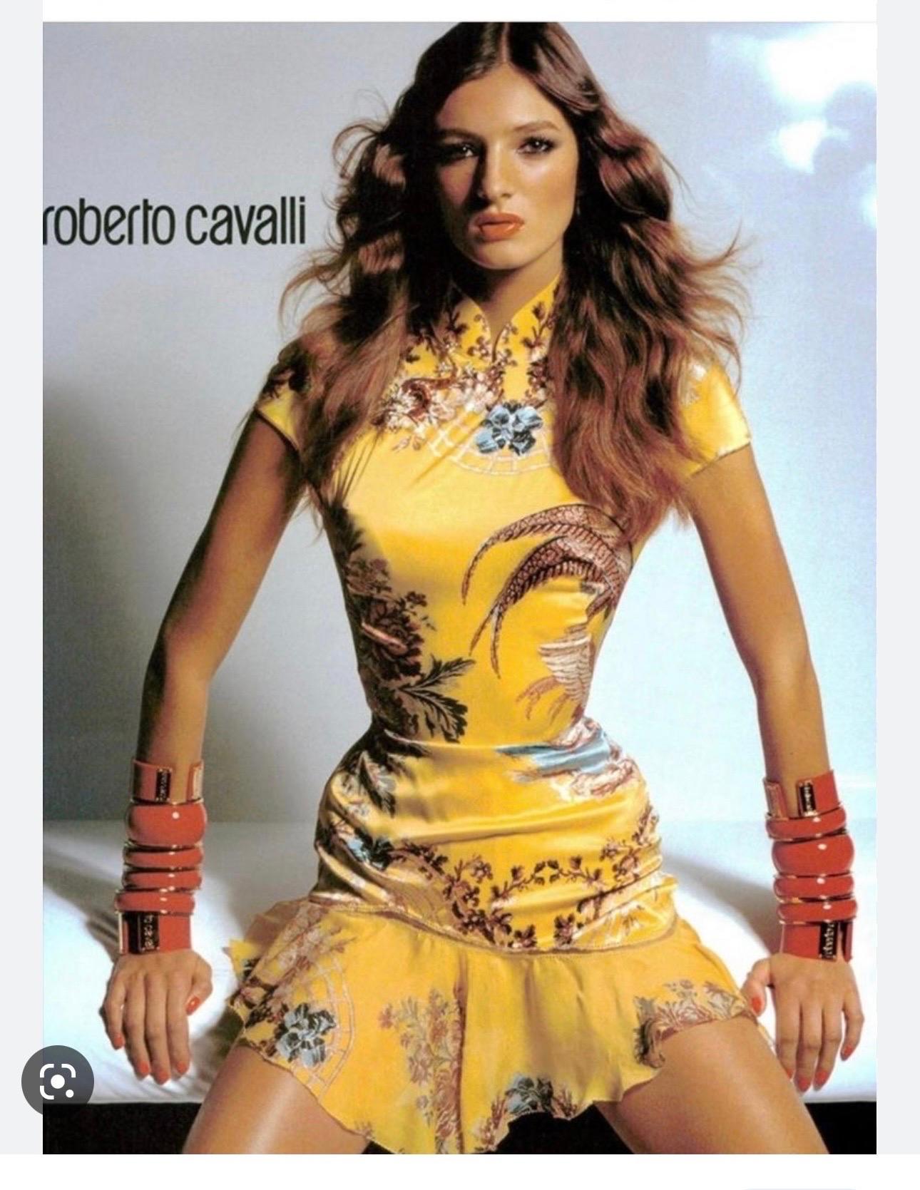 Roberto Cavalli S/S 2003 Runway Chinoiserie Cheongsam Silk Yellow Mini Dress For Sale 9