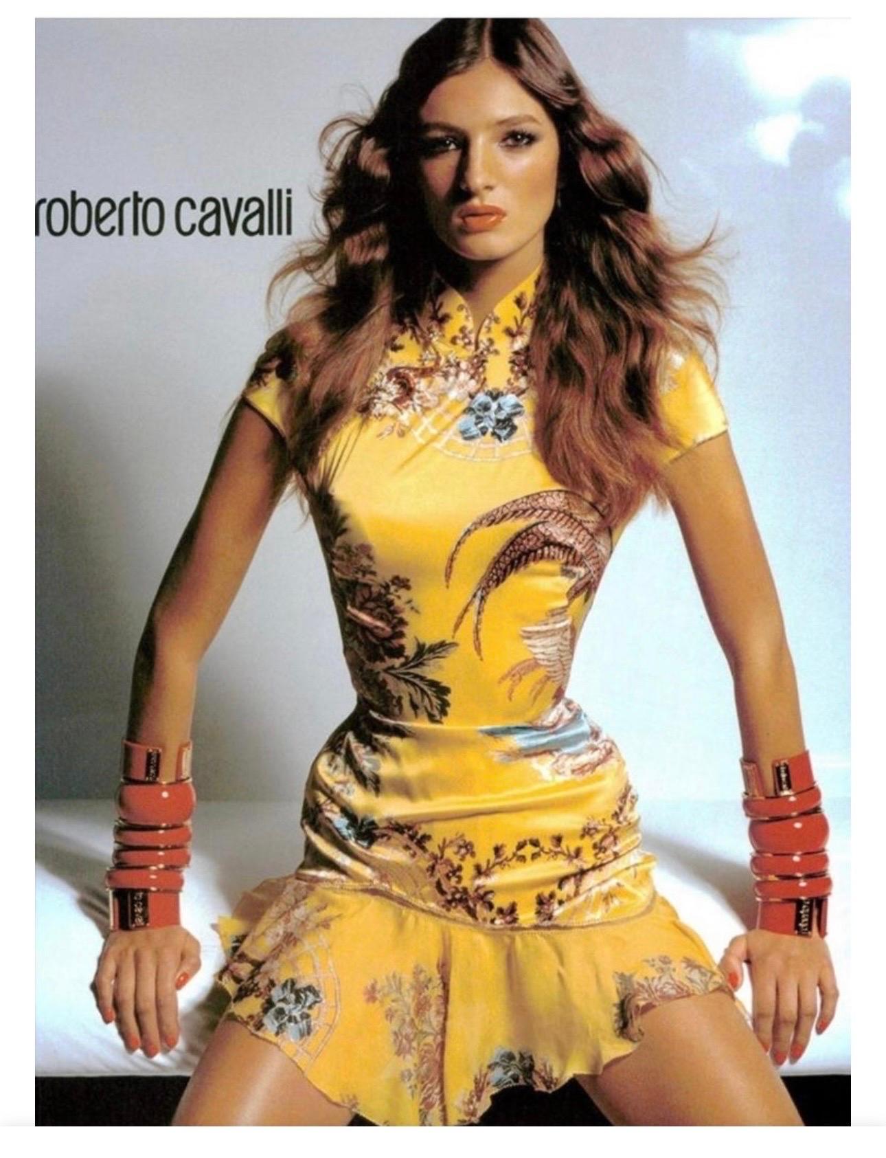Roberto Cavalli S/S 2003 Runway Chinoiserie Cheongsam Silk Yellow Mini Dress For Sale 2
