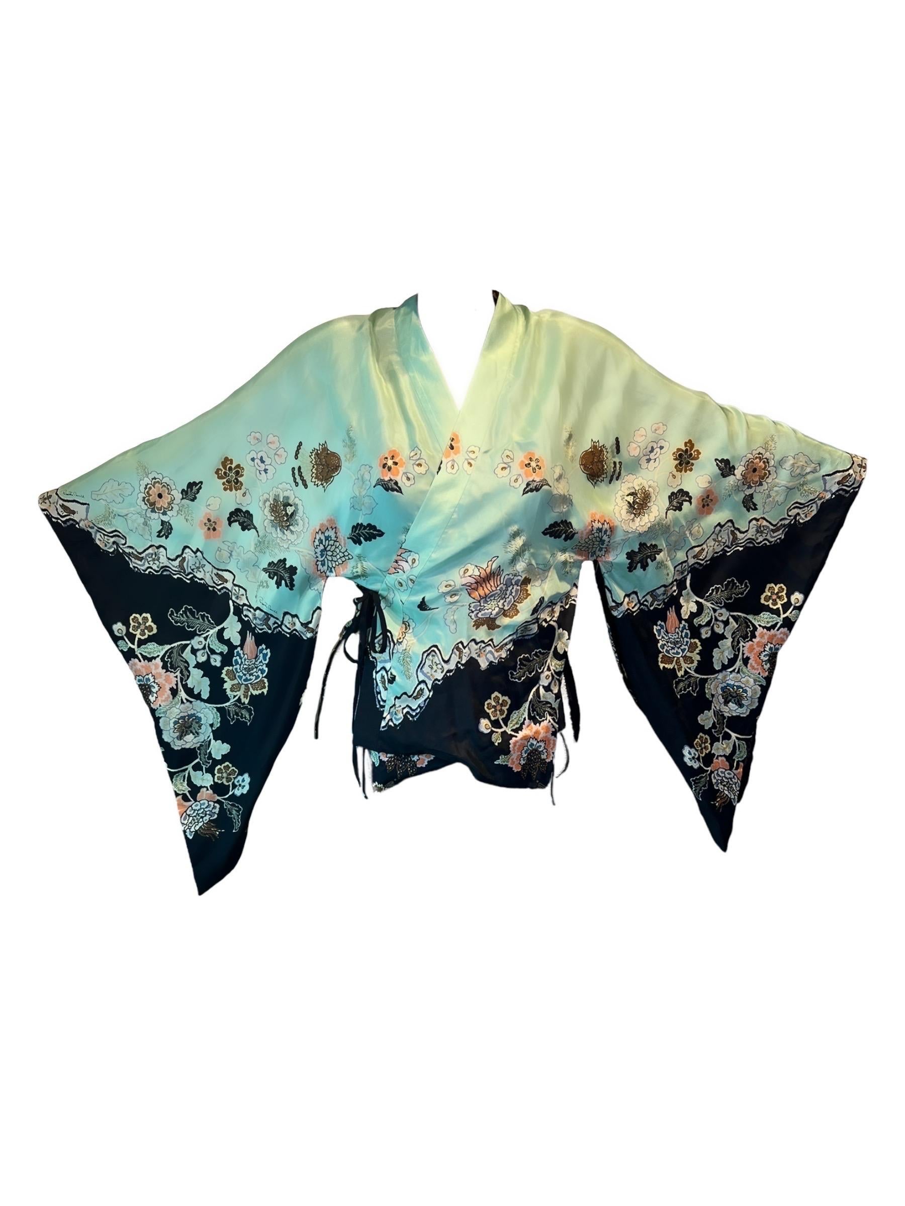 Gray Roberto Cavalli S/S 2003 Runway Chinoiserie Print Silk Kimono Top For Sale