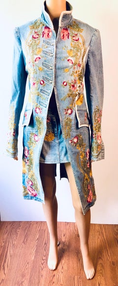 Roberto Cavalli S/S 2003 Runway Embroidered Denim Jacket Coat &Skirt 2 Piece Set