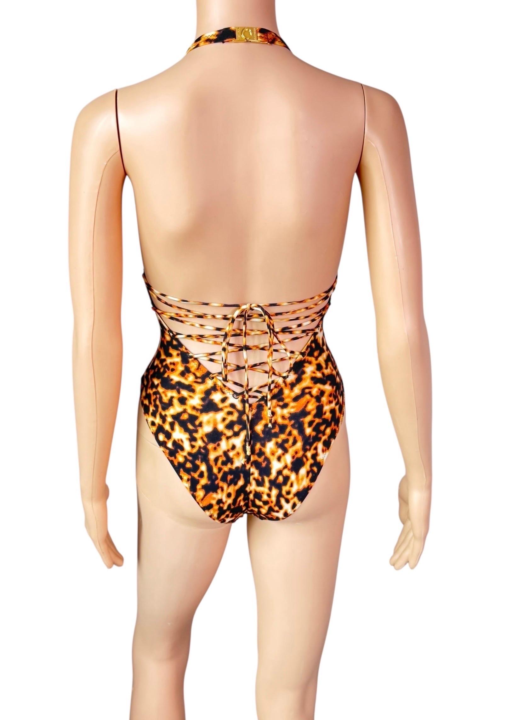 Beige Roberto Cavalli S/S 2003 Runway Lace Up One Piece Bodysuit Swimwear Swimsuit en vente
