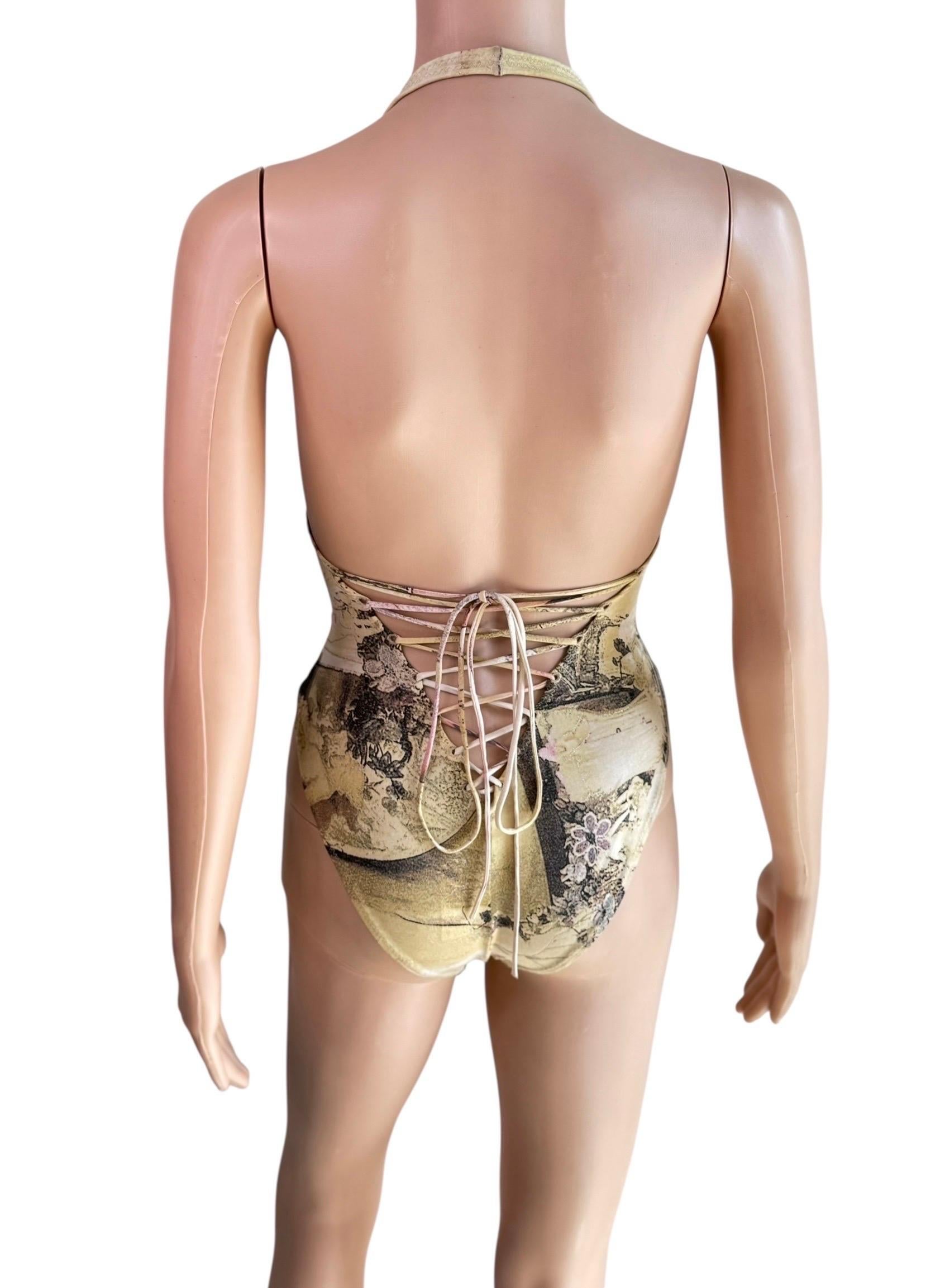 Roberto Cavalli S/S 2003 Laufsteg Schnürung Einteiliger Bodysuit Bademode Badeanzug (Grau) im Angebot