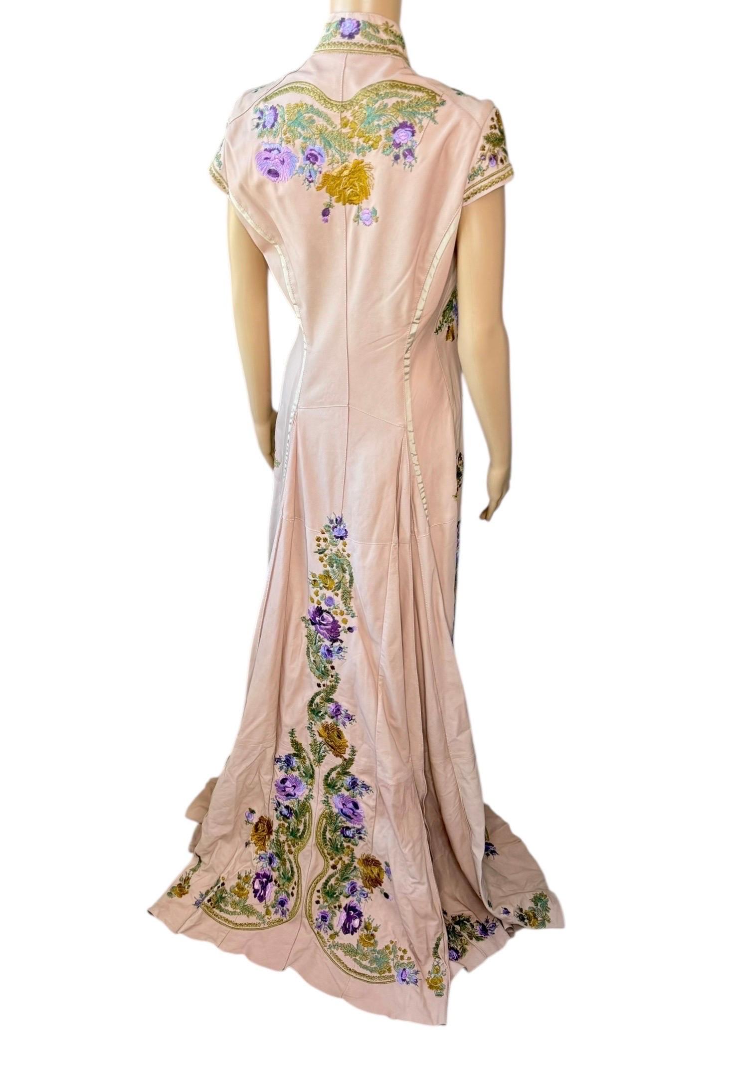 Roberto Cavalli S/S 2003 Laufsteg Leder bestickte florale Zug Jacke Mantel (Beige) im Angebot