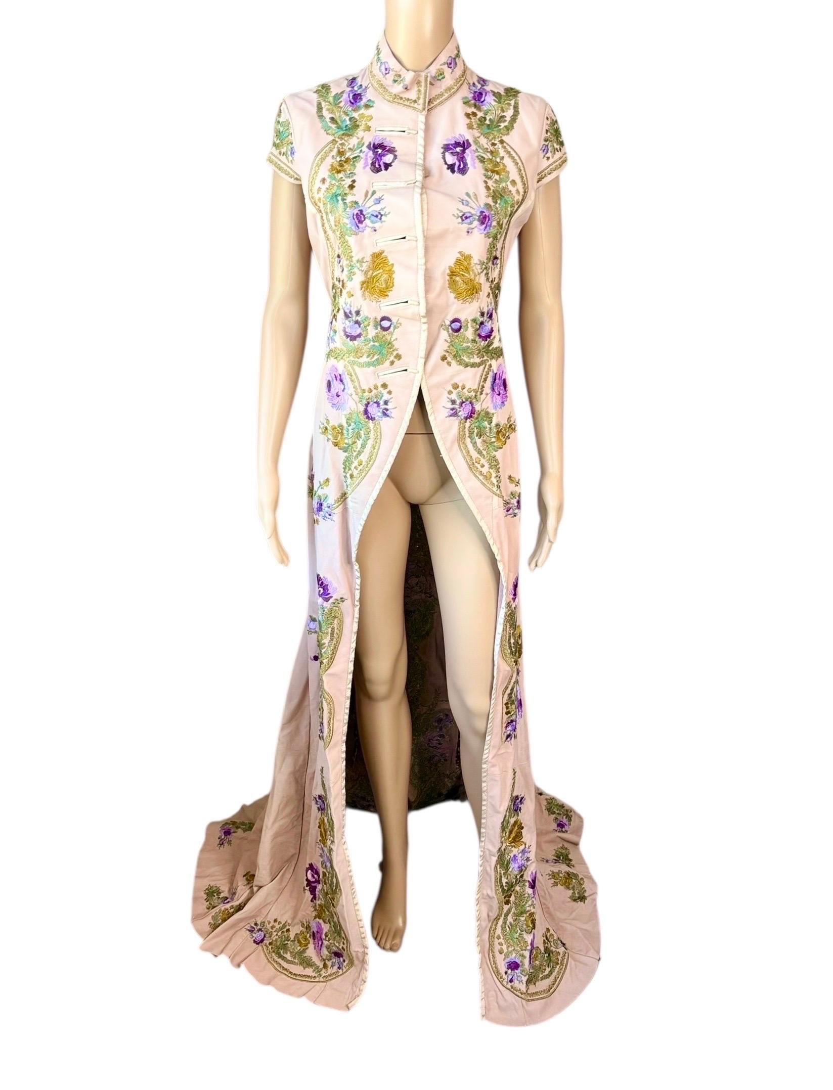 Roberto Cavalli S/S 2003 Laufsteg Leder bestickte florale Zug Jacke Mantel Damen im Angebot