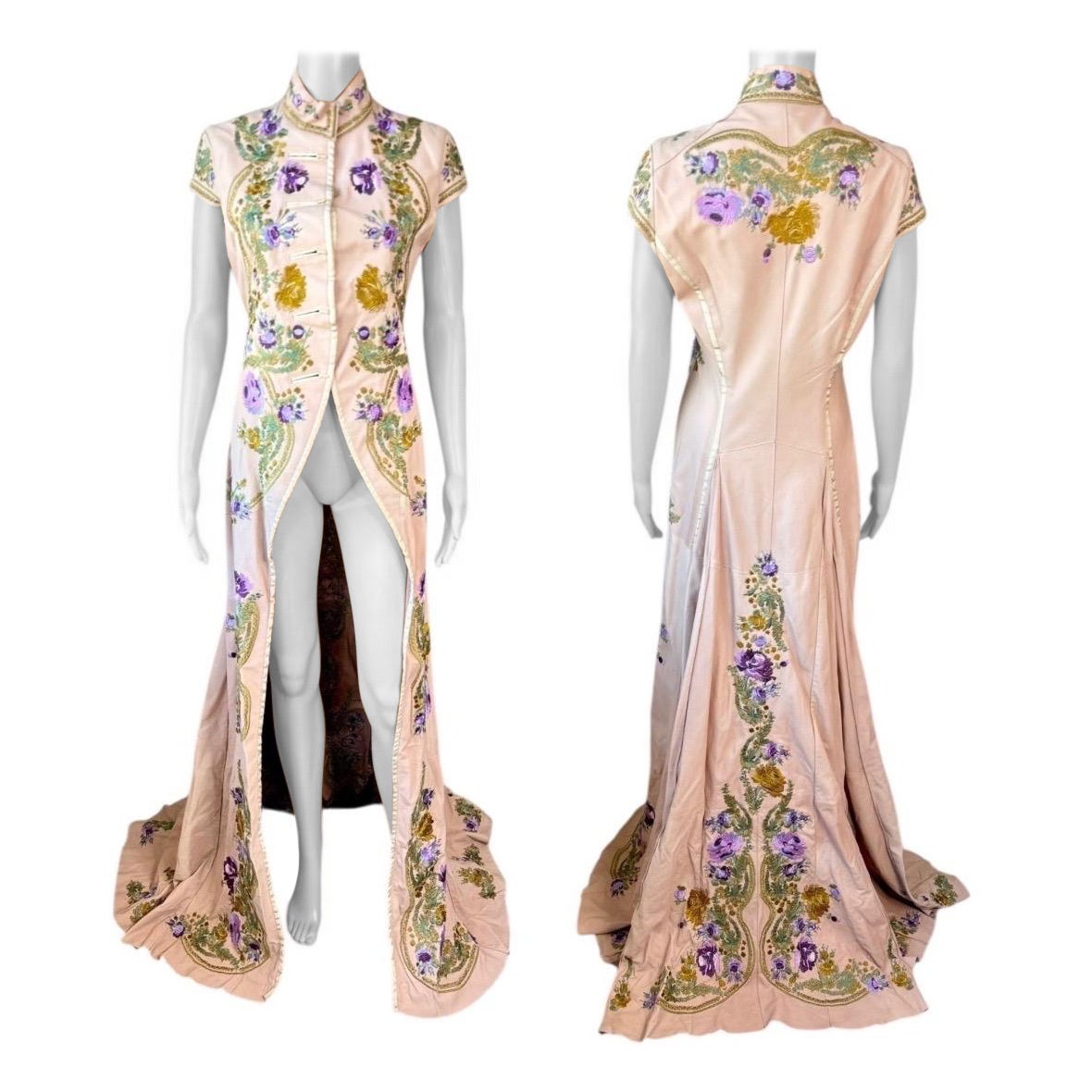 Roberto Cavalli S/S 2003 Pasarela Cuero Bordado Floral Chaqueta Trenca Abrigo