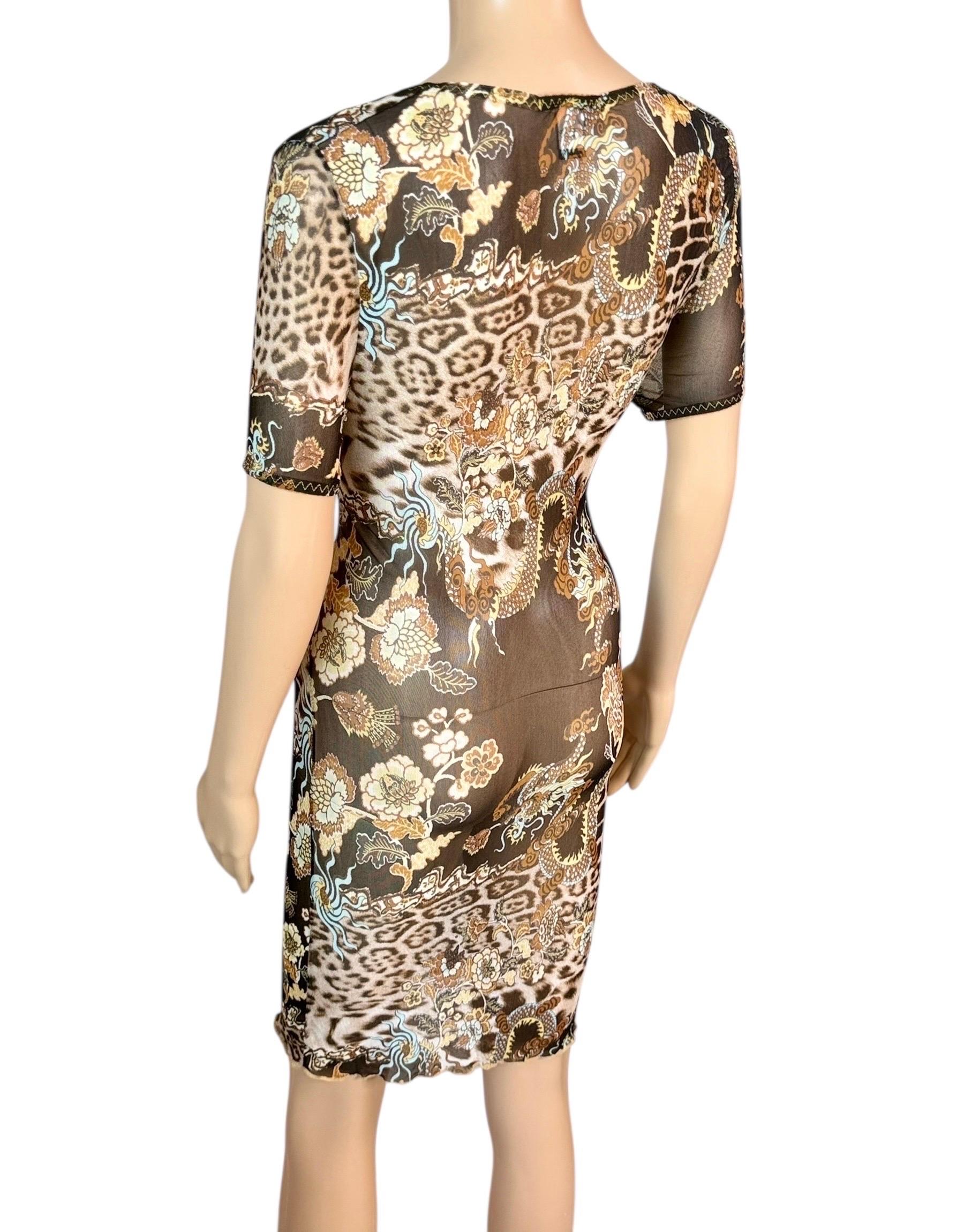 Marron Roberto Cavalli S/S 2003 - Mini robe en maille imprimée en chinoiserie diaphane en vente