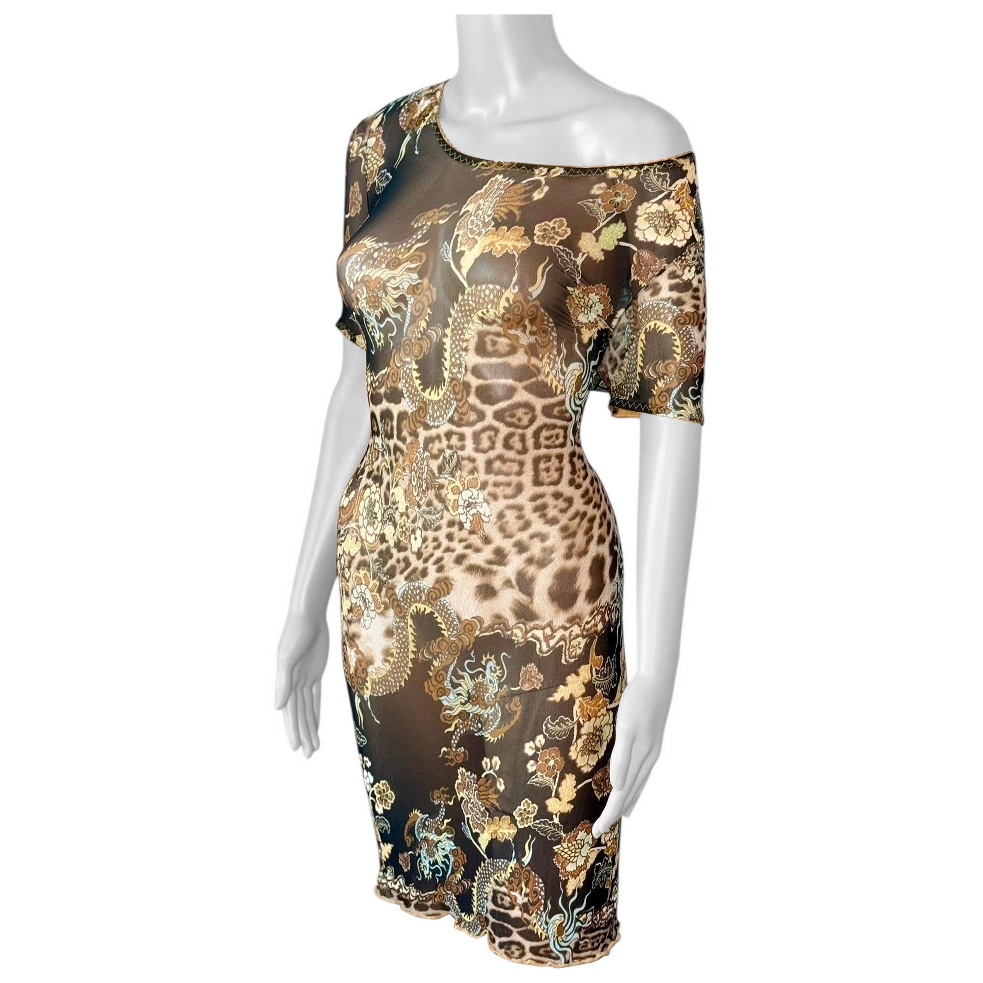 Roberto Cavalli S/S 2003 Sheer Chinoiserie Print Mesh Mini Dress