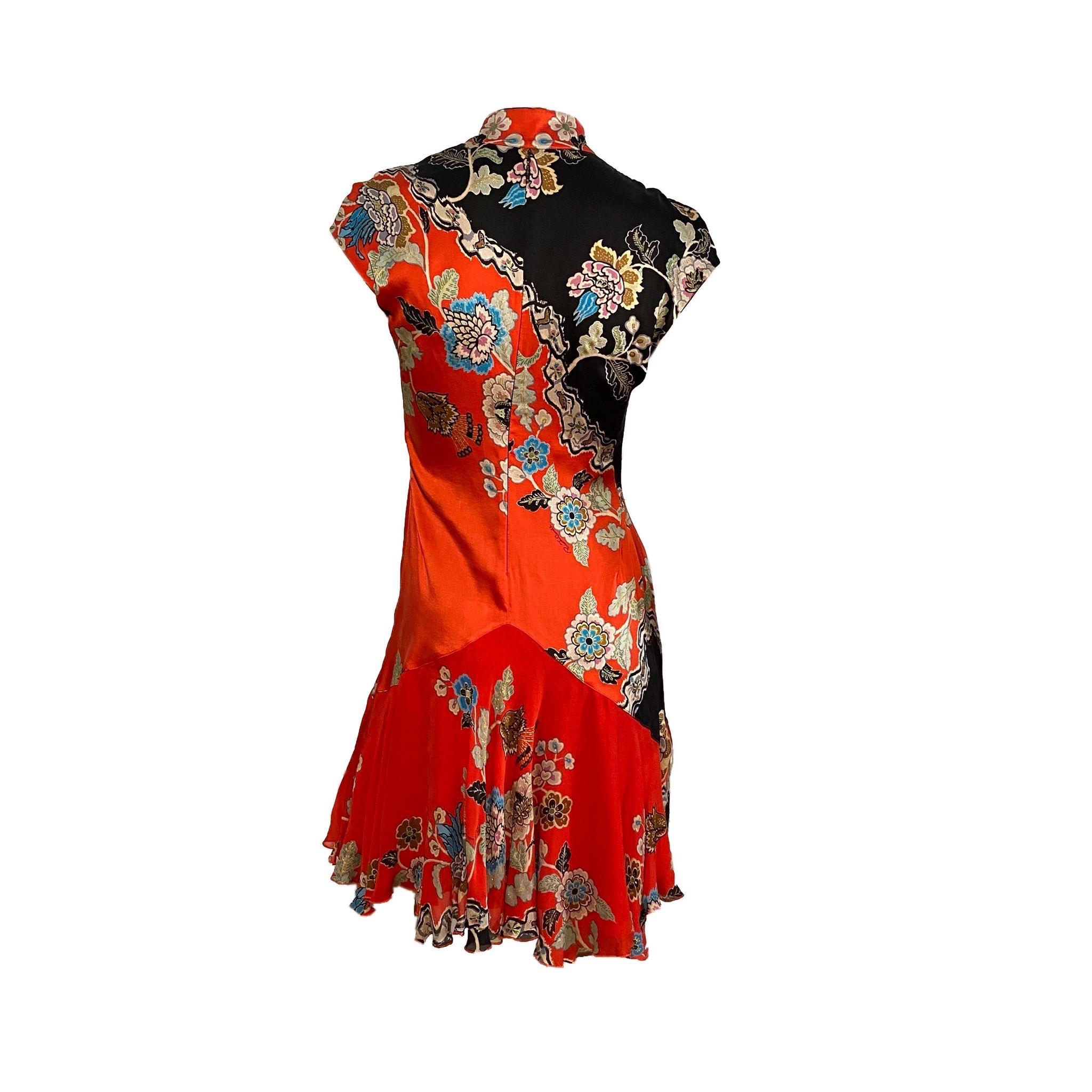 Roberto Cavalli S/S 2003 Vestido floral Cheongsam de seda Rojo