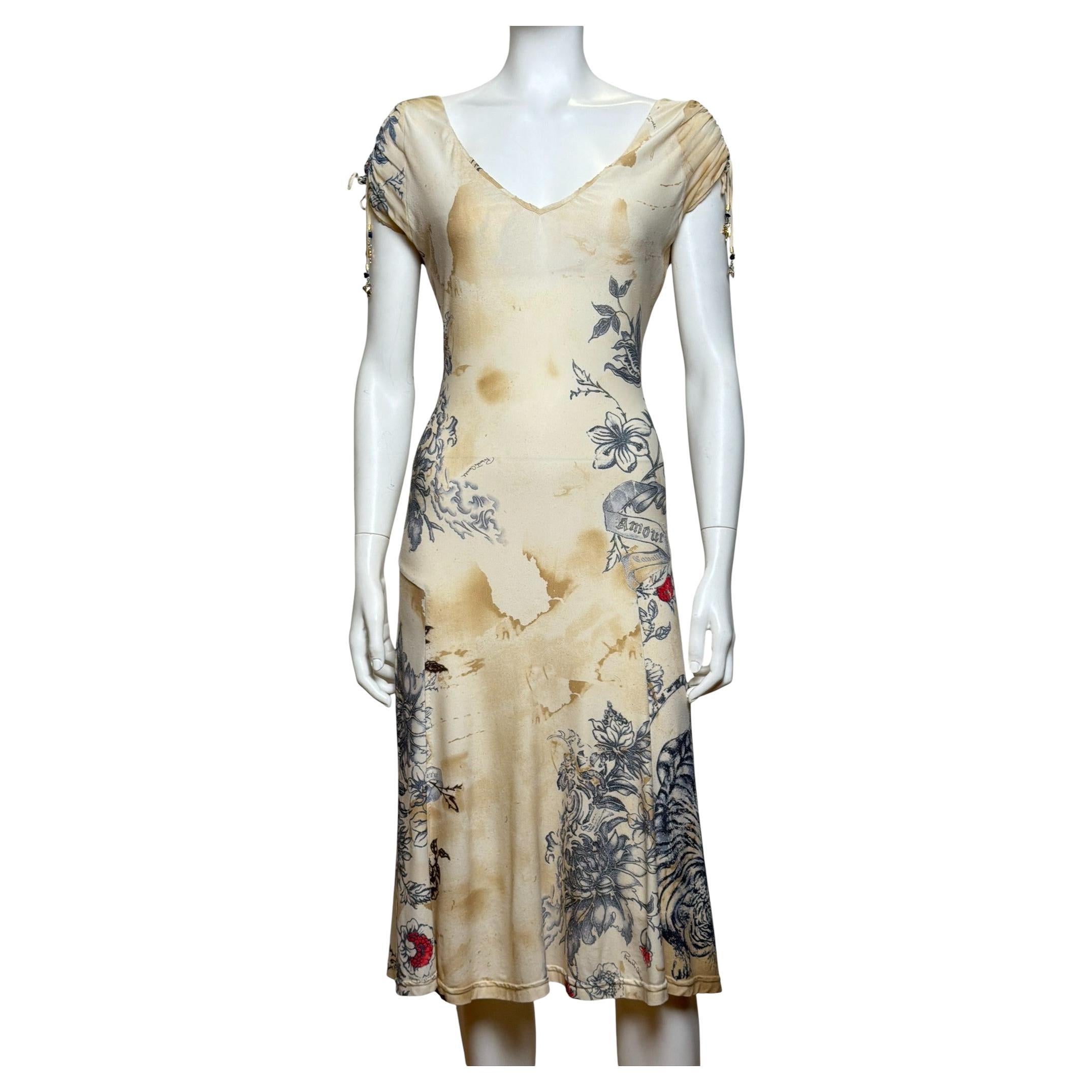 Roberto Cavalli S/S 2003 Silk Tattoo Print Dress