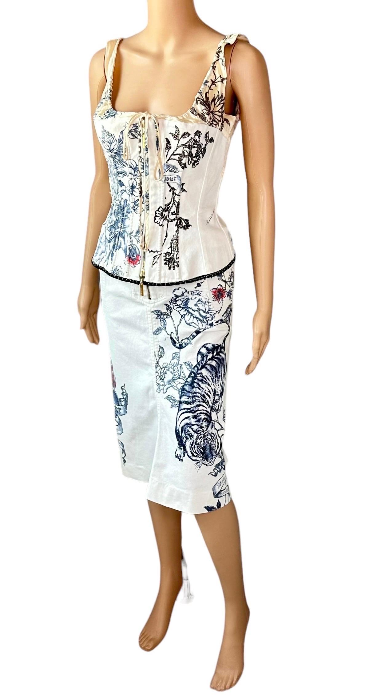 Roberto Cavalli S/S 2003 Tattoo Print Corset Bustier Denim Top & Skirt 2 Piece Set Ensemble 

Please note the top is size S and skirt is size L but runs smaller and is easily alterable by a professional tailor. 

Condition: Skirt is missing the