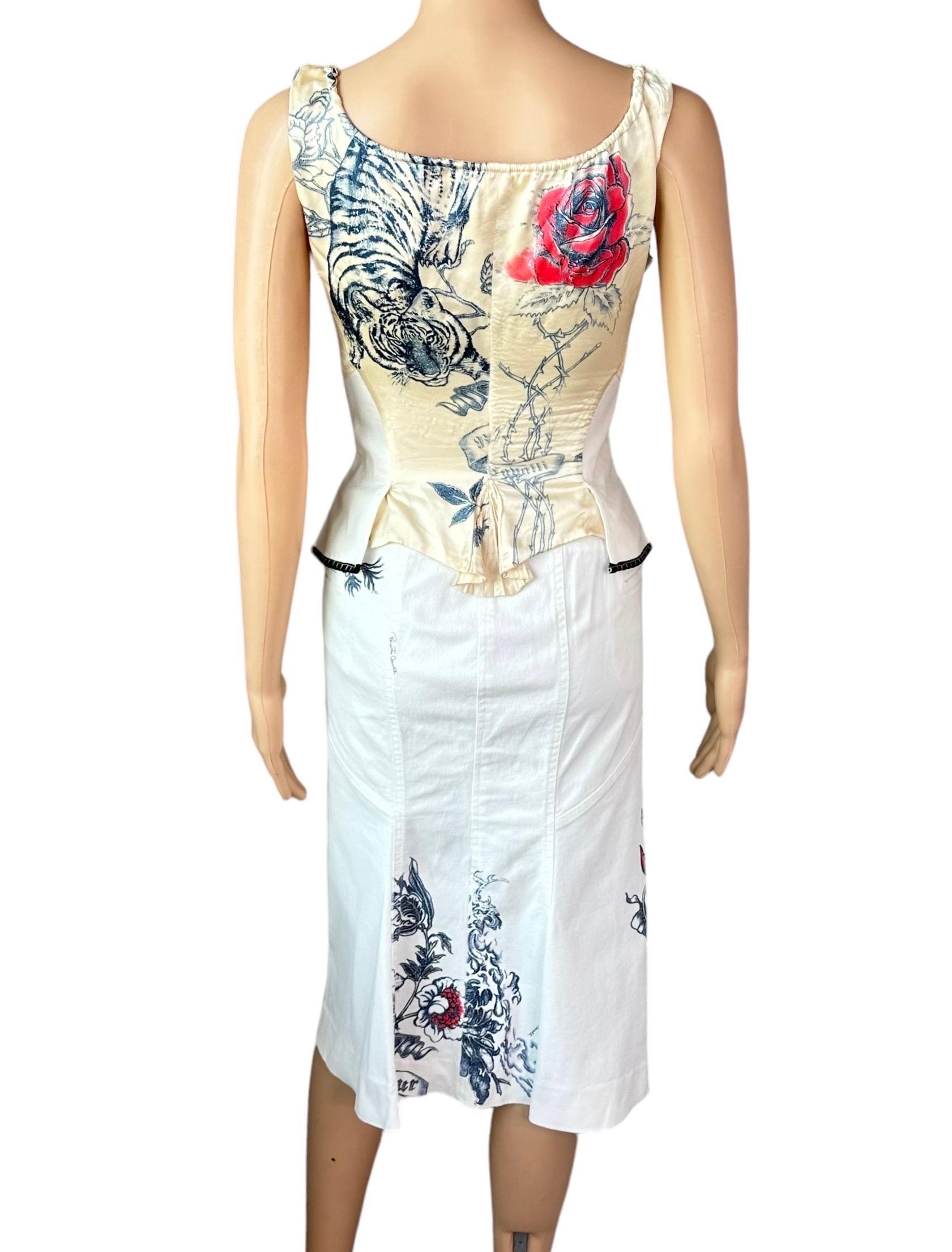 Gray Roberto Cavalli S/S 2003 Tattoo Corset Bustier Denim Top & Skirt 2 Piece Set