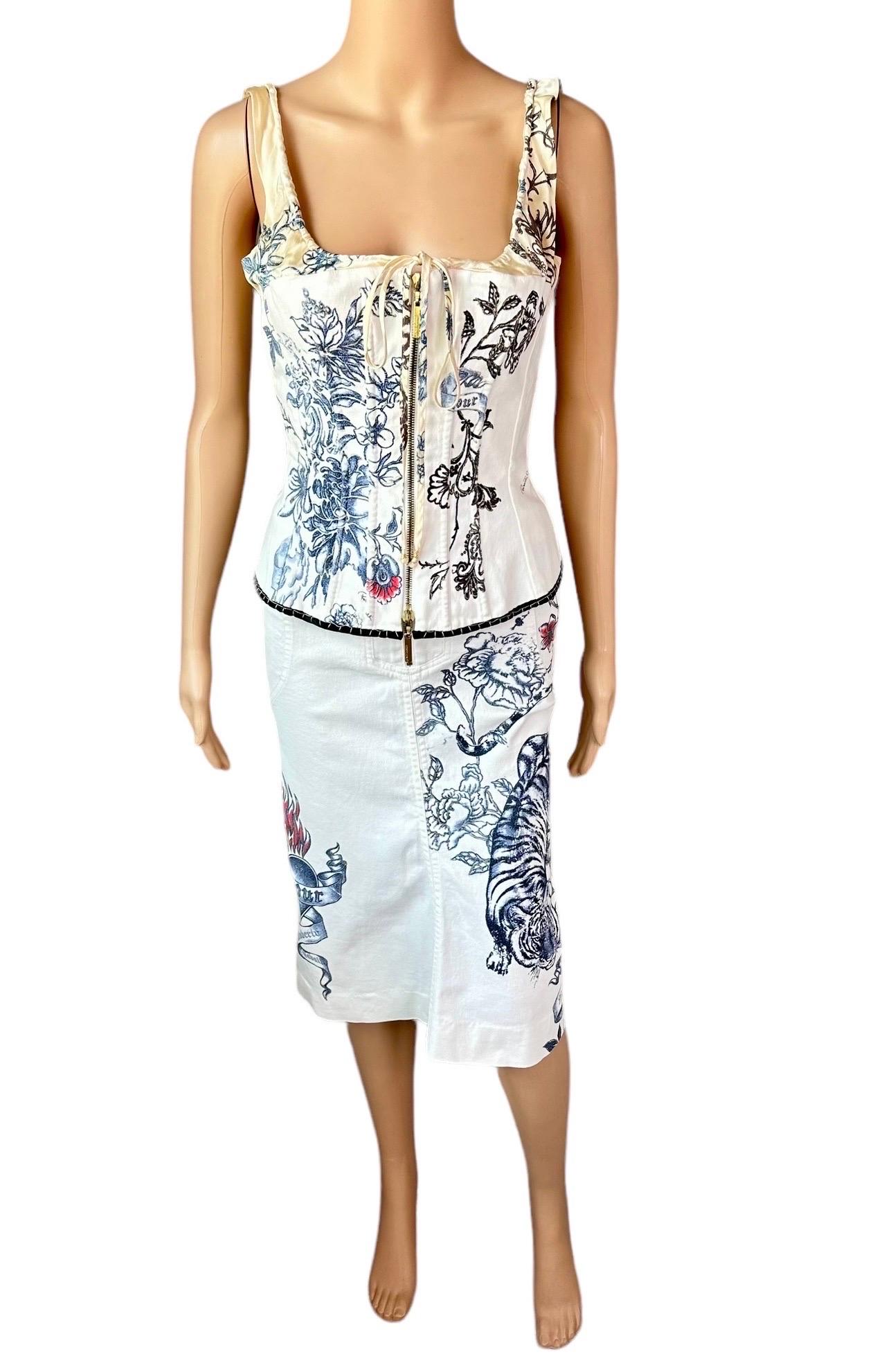 Women's Roberto Cavalli S/S 2003 Tattoo Corset Bustier Denim Top & Skirt 2 Piece Set For Sale