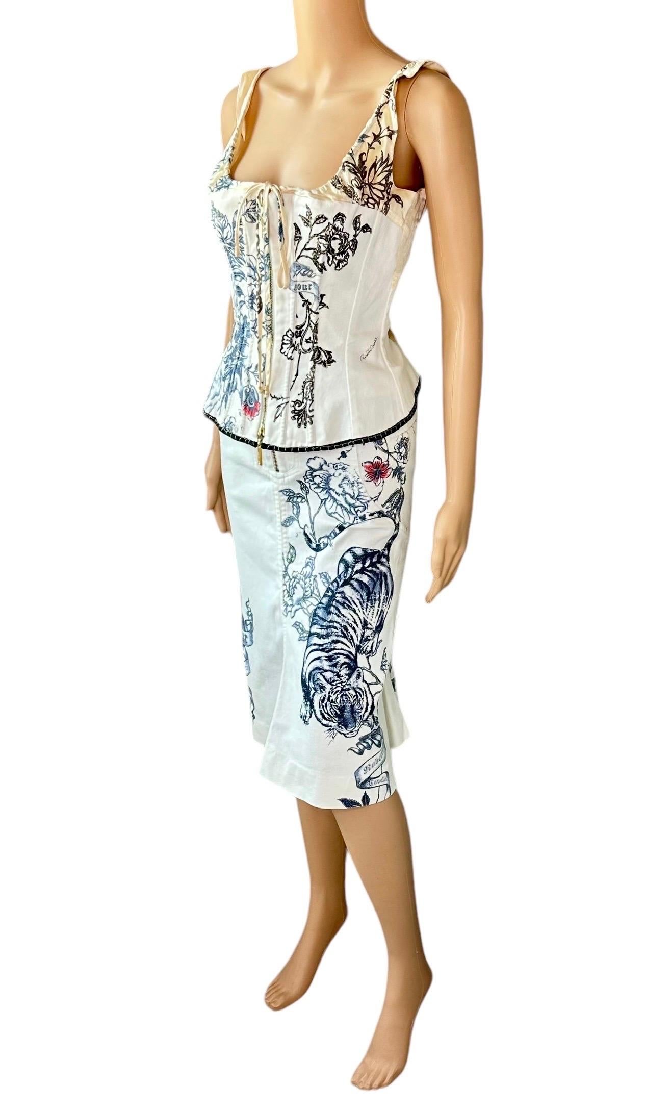 Roberto Cavalli S/S 2003 Tattoo Corset Bustier Denim Top & Skirt 2 Piece Set For Sale 1