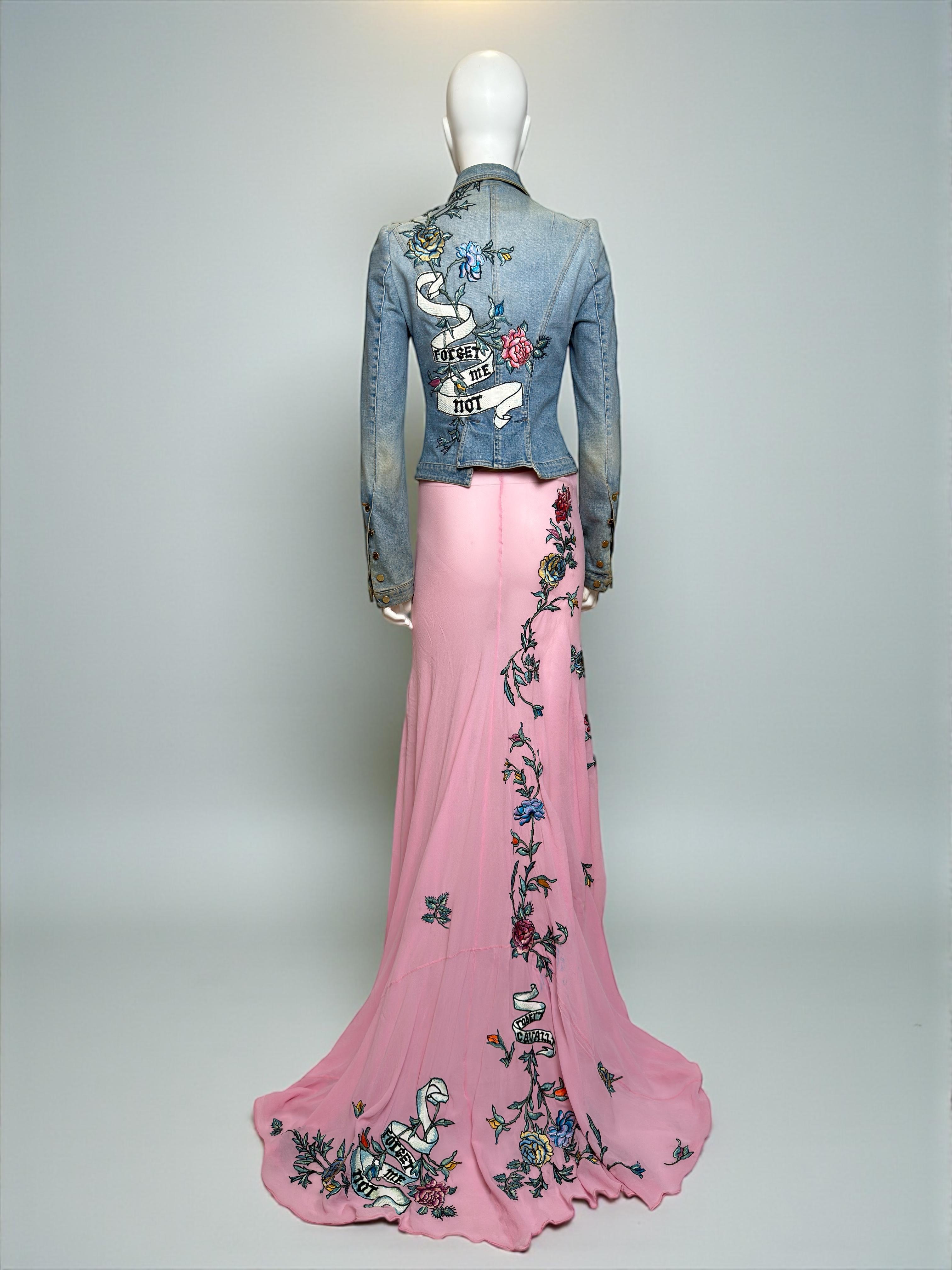 Roberto Cavalli S/S 2003 Tattoo Denim Jacket and Sheer Maxi Skirt Ensemble For Sale 6