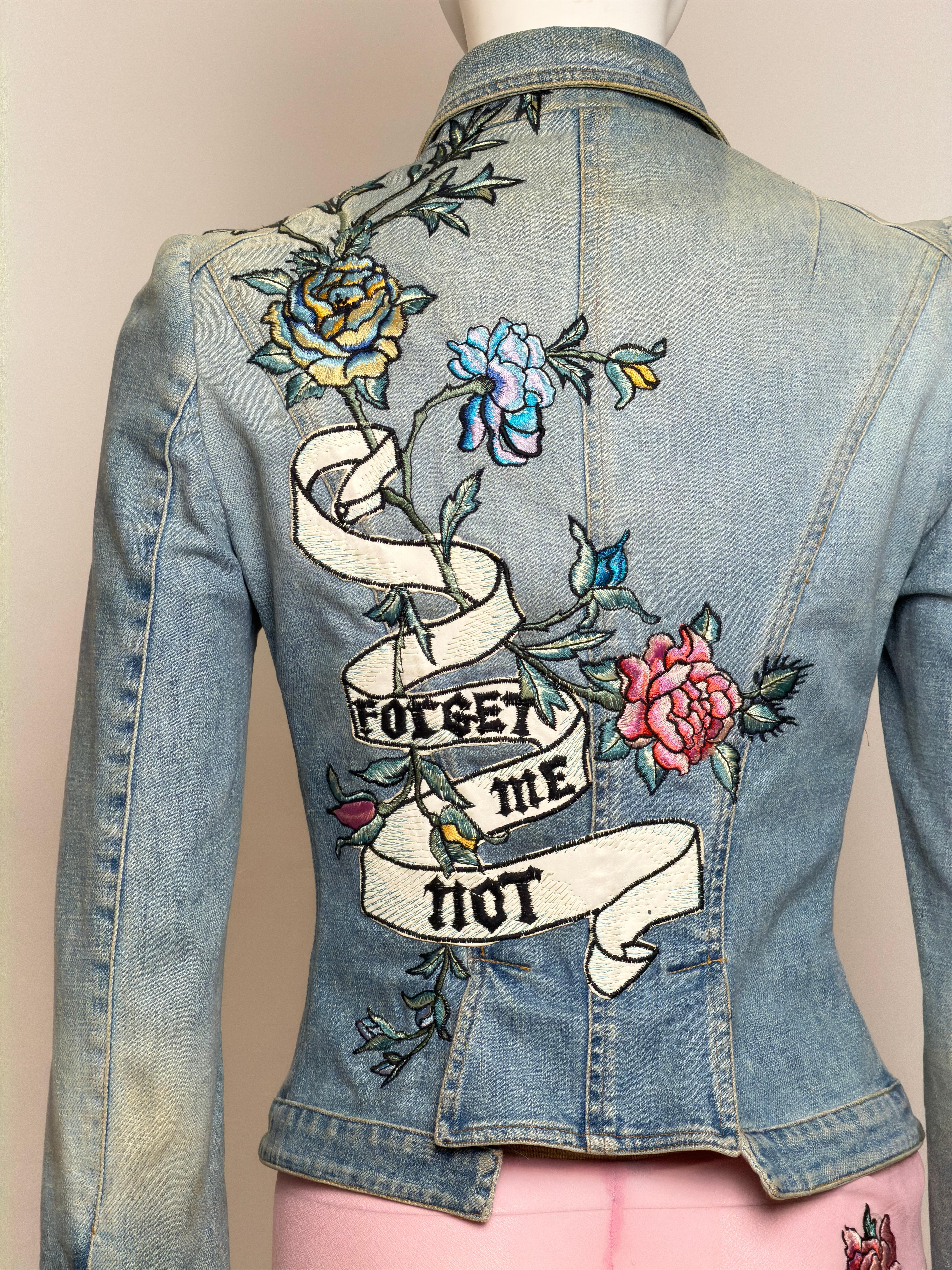 Roberto Cavalli S/S 2003 Tattoo Denim Jacket and Sheer Maxi Skirt Ensemble For Sale 7