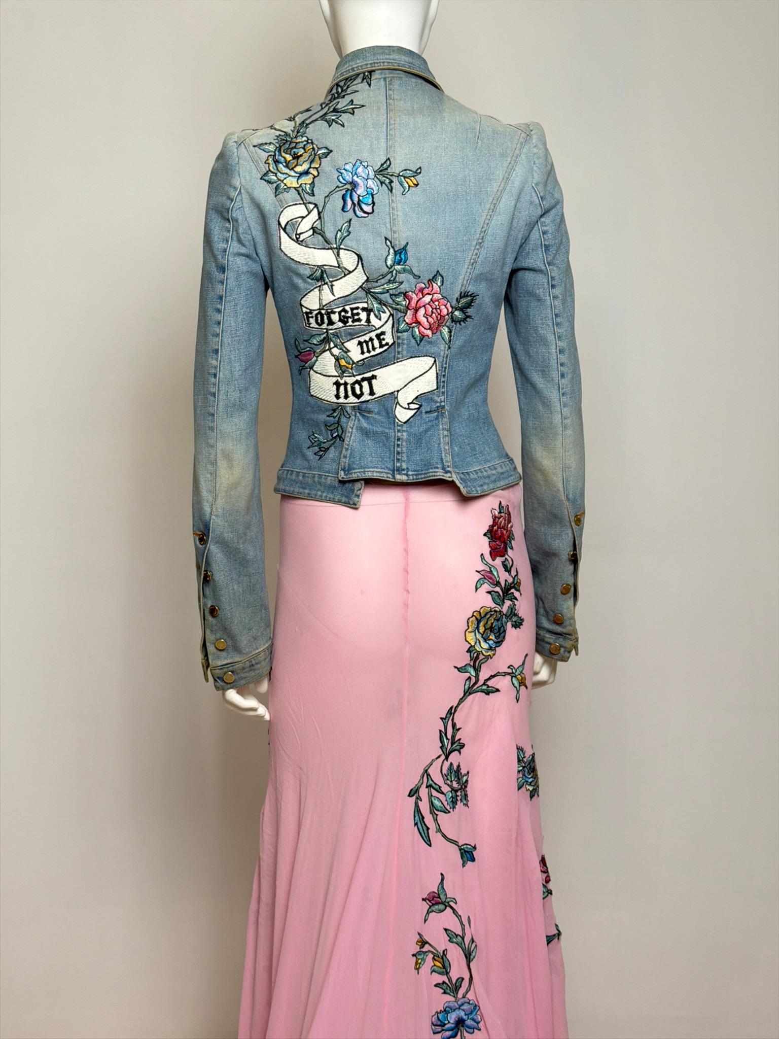 Roberto Cavalli S/S 2003 Tattoo Denim Jacket and Sheer Maxi Skirt Ensemble For Sale 8