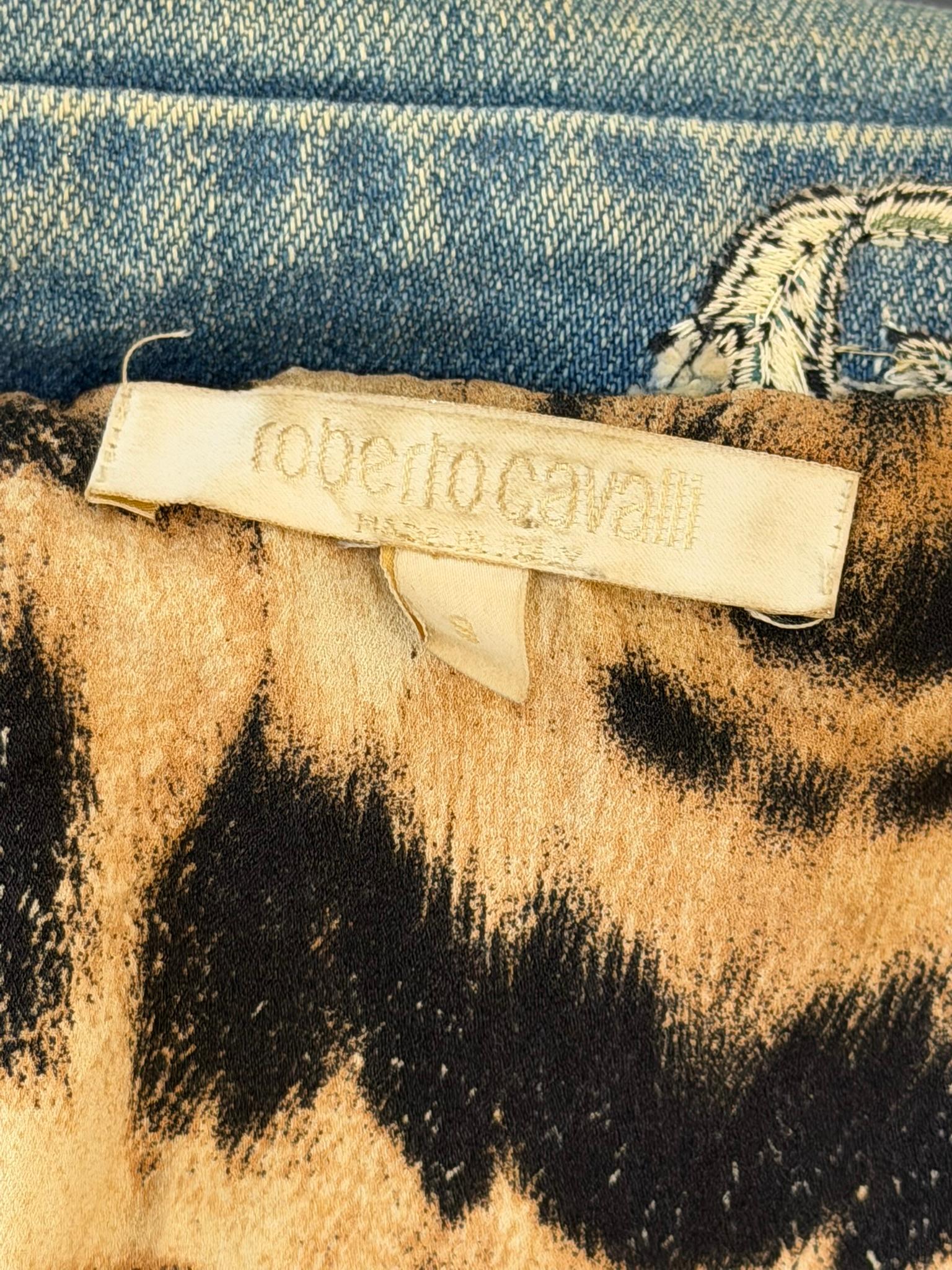 Roberto Cavalli S/S 2003 Tattoo Denim Jacket and Sheer Maxi Skirt Ensemble For Sale 9