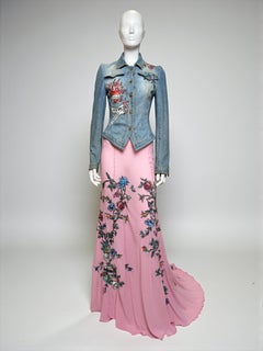 Roberto Cavalli S/S 2003 Tattoo Denim Jacket and Sheer Maxi Skirt Ensemble