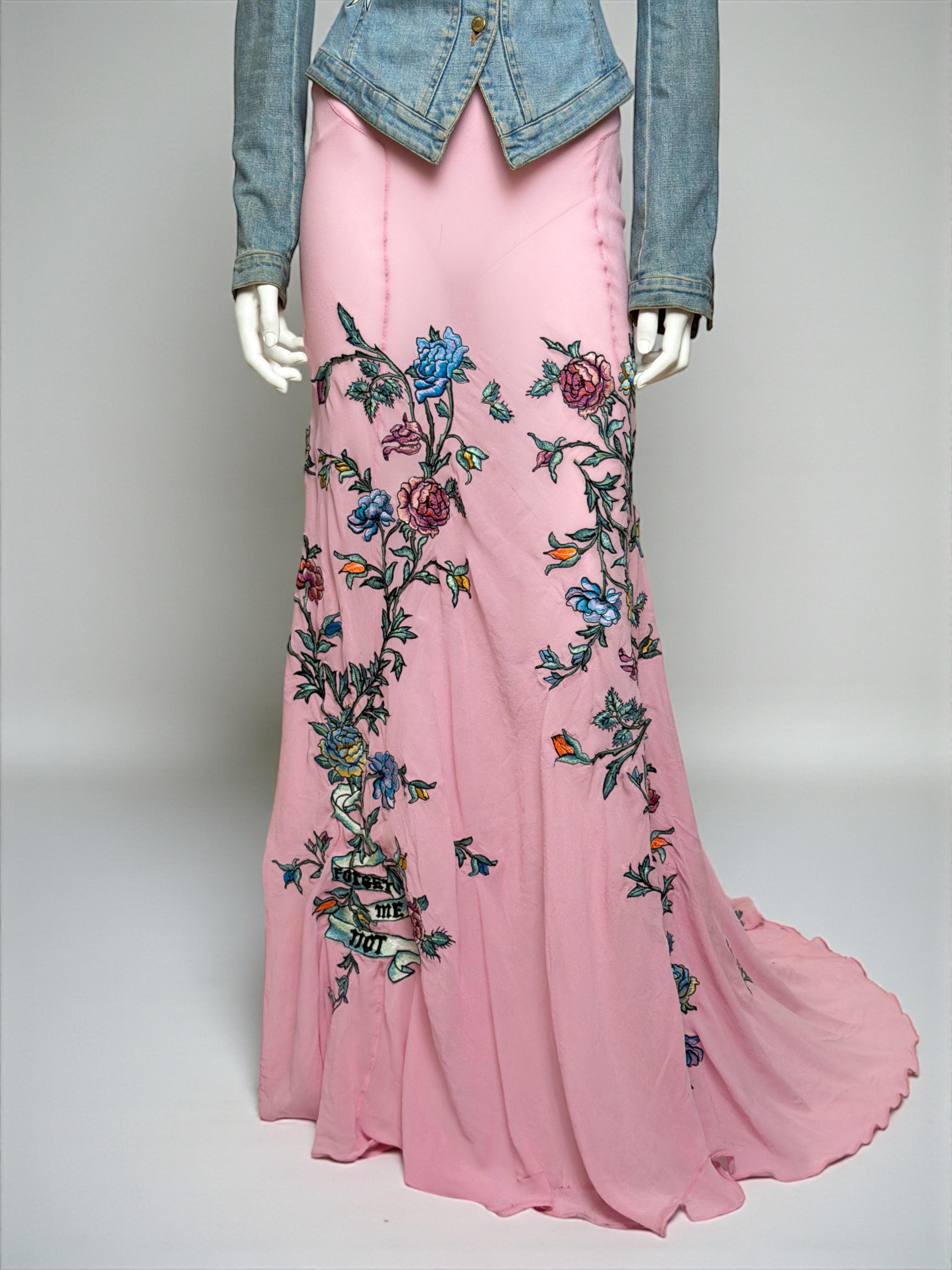 Gray Roberto Cavalli S/S 2003 Tattoo Denim Jacket and Sheer Maxi Skirt Ensemble For Sale