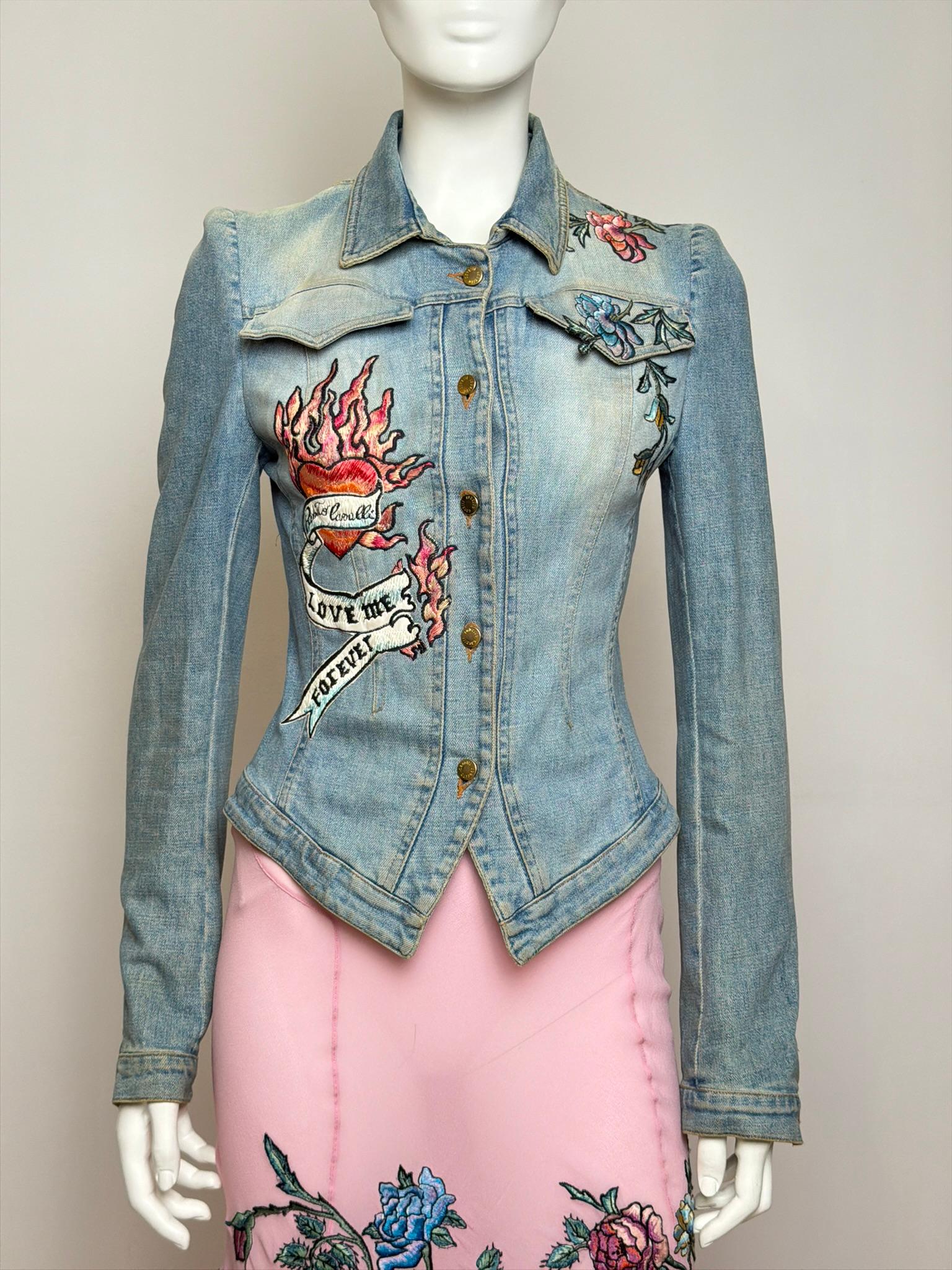 Roberto Cavalli S/S 2003 Tattoo Denim Jacket and Sheer Maxi Skirt Ensemble In Excellent Condition For Sale In Paris, FR