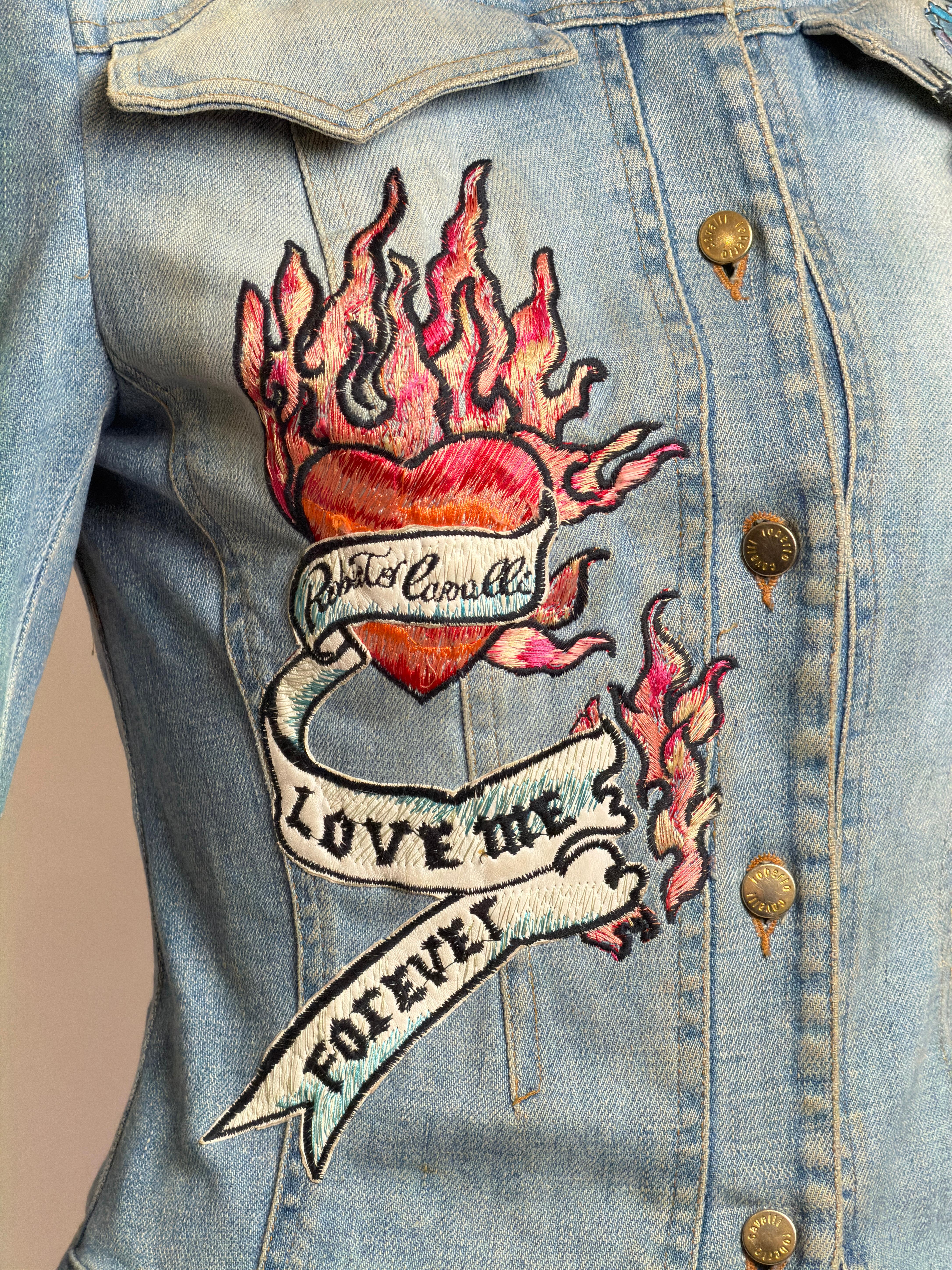 Women's Roberto Cavalli S/S 2003 Tattoo Denim Jacket and Sheer Maxi Skirt Ensemble For Sale