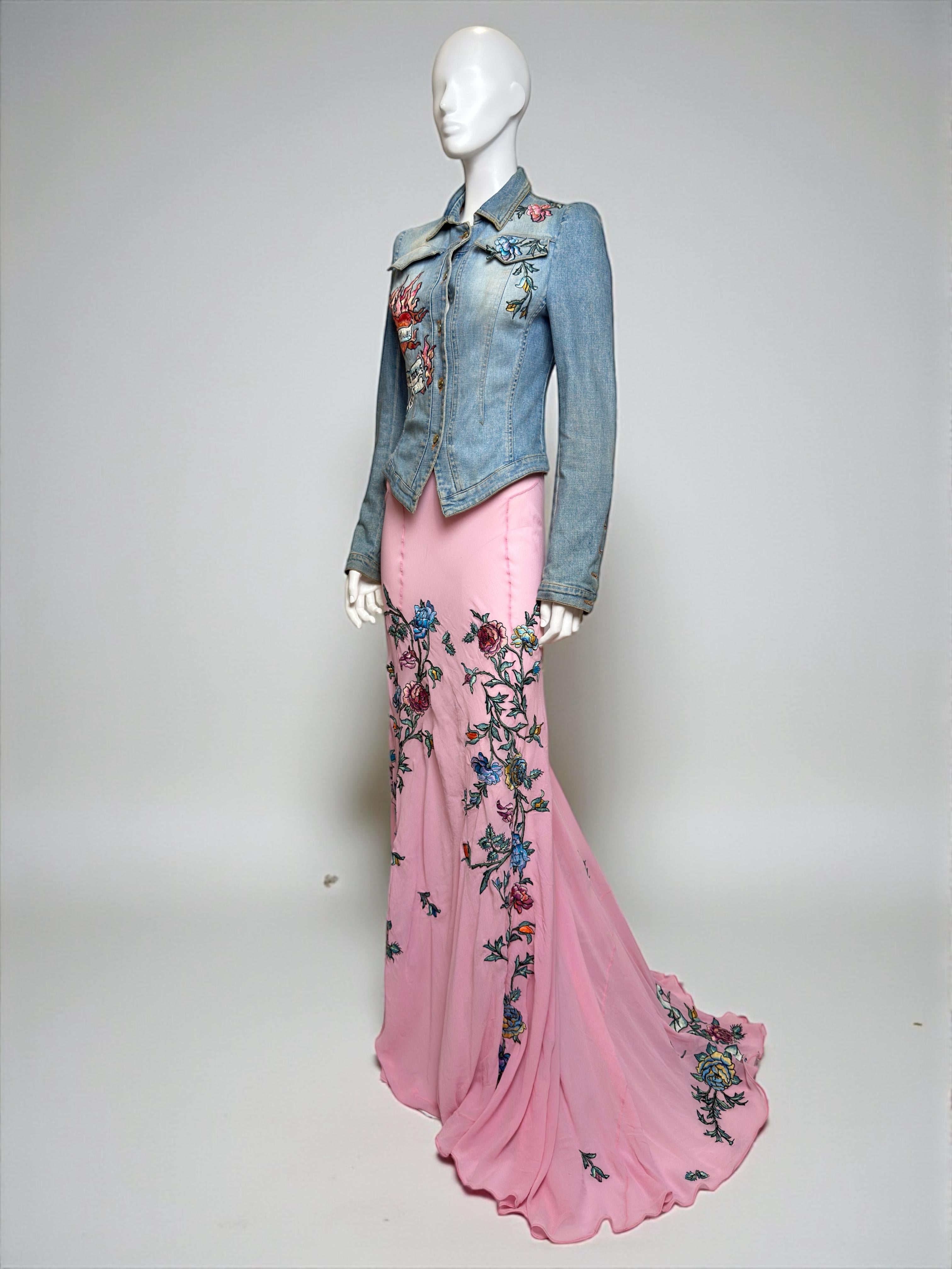 Roberto Cavalli S/S 2003 Tattoo Denim Jacket and Sheer Maxi Skirt Ensemble For Sale 2