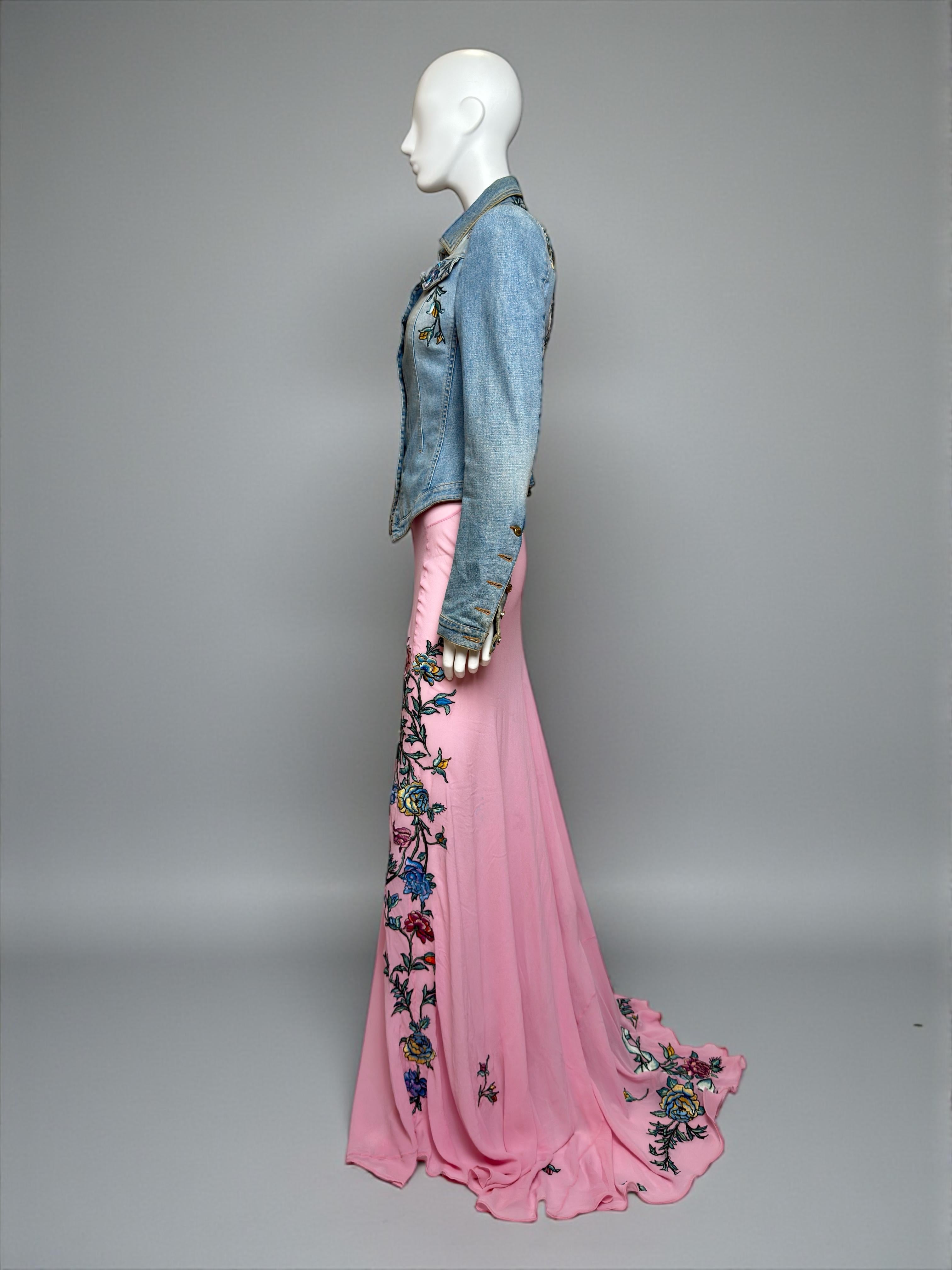 Roberto Cavalli S/S 2003 Tattoo Denim Jacket and Sheer Maxi Skirt Ensemble For Sale 4