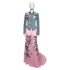 Roberto Cavalli S/S 2003 Tattoo Denim Jacket and Sheer Maxi Skirt Ensemble Roberto Cavalli S/S 2003 Tattoo Denim Jacket and Sheer Maxi Skirt Ensemble