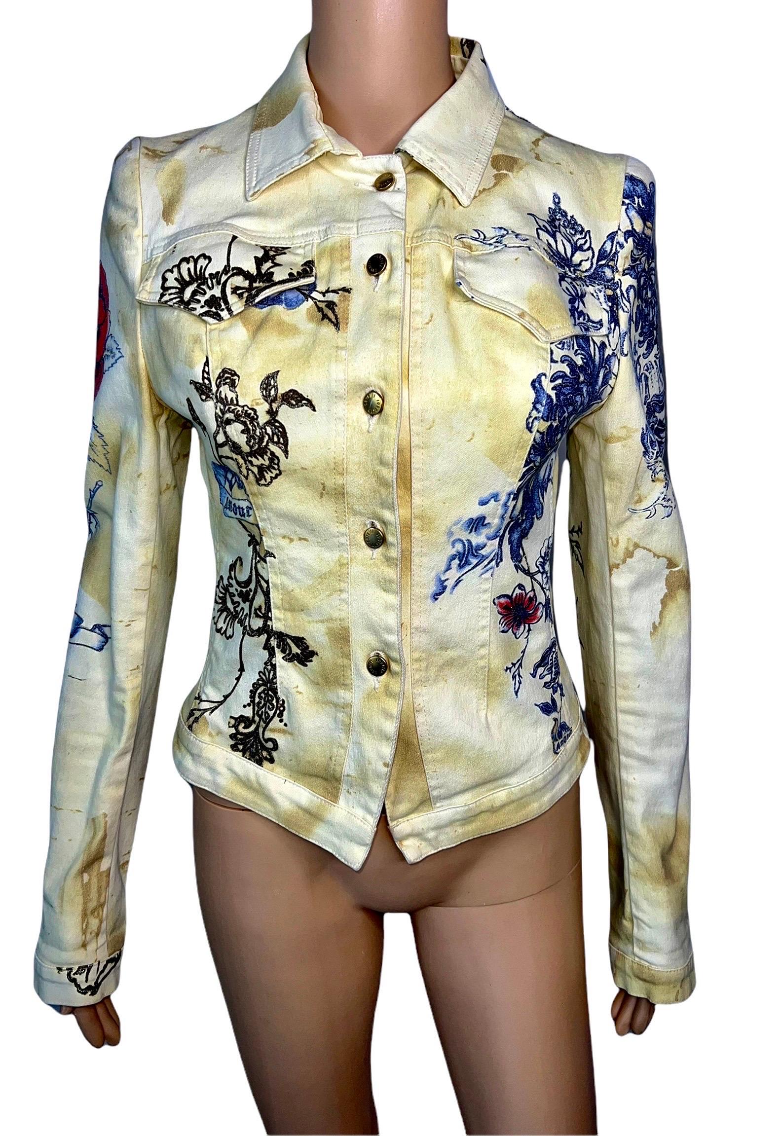 Roberto Cavalli S/S 2003 Veste en jean imprimée Tattoo Manteau  Pour femmes en vente