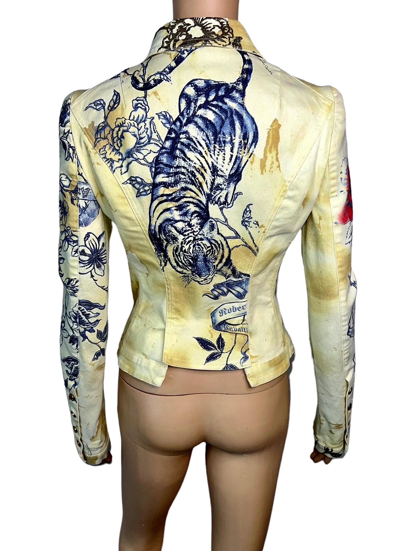 Roberto Cavalli S/S 2003 Tattoo Print Denim Jacket Coat  In Excellent Condition For Sale In Naples, FL