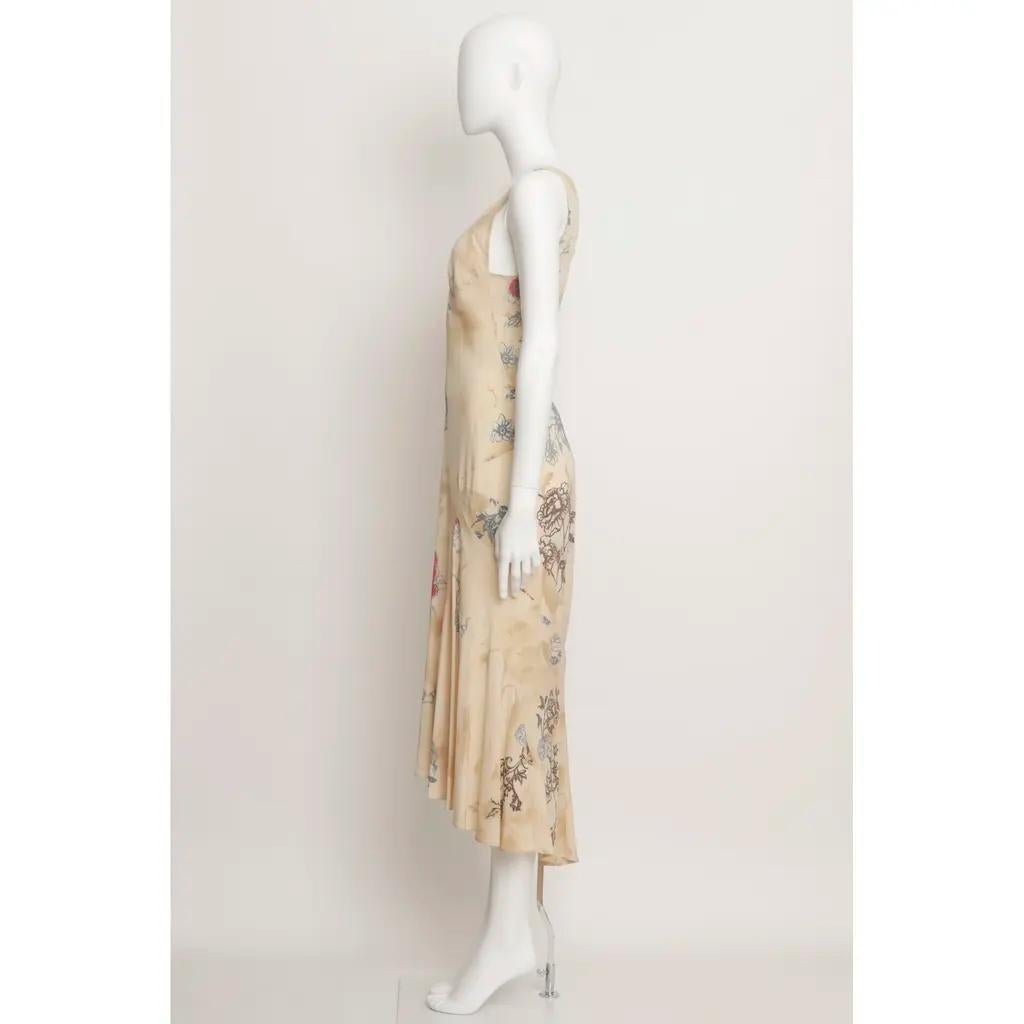 Roberto Cavalli S/S 2003 Tattoo Print Langes Kleid aus Seide - Größe Large (Beige) im Angebot