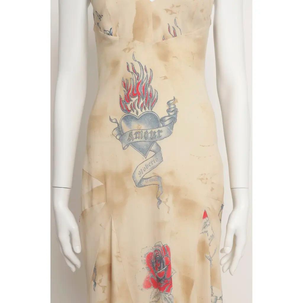 Roberto Cavalli S/S 2003 Tattoo Print Langes Kleid aus Seide - Größe Large im Angebot 2