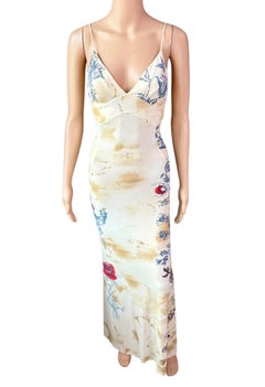 Roberto Cavalli S/S 2003 Tattoo Print Plunging Bodycon Maxi Evening Dress Gown